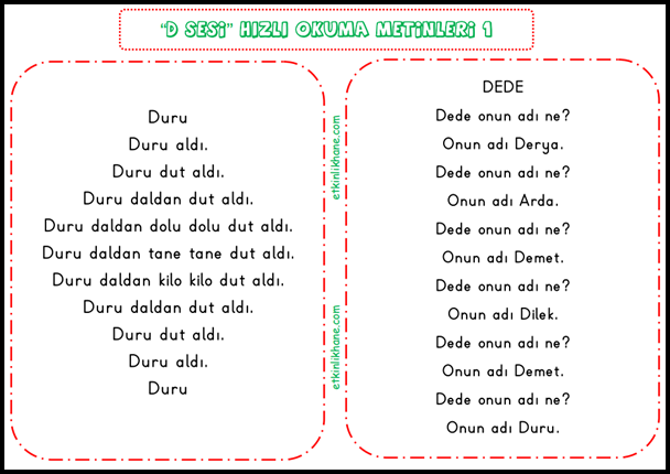 “D Sesi” Hızlı Okuma Metinleri