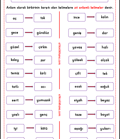 Zıt Anlamlı Kelimeler Etkinlikleri (1. Sınıf)