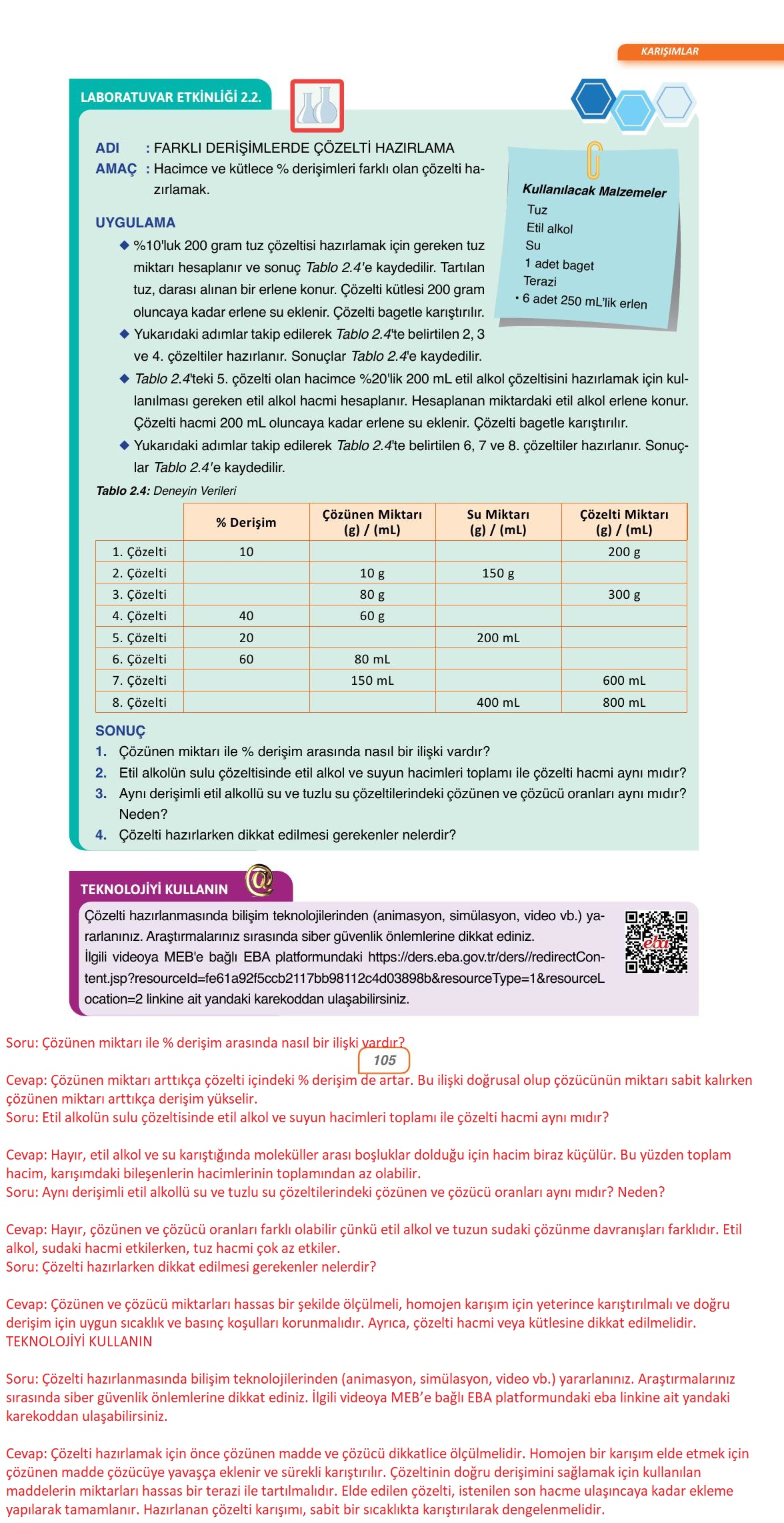 10. Sınıf Ata Yayıncılık Kimya Ders Kitabı Sayfa 105 Cevapları