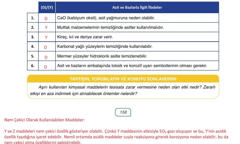 10. Sınıf Ata Yayıncılık Kimya Ders Kitabı Sayfa 158 Cevapları