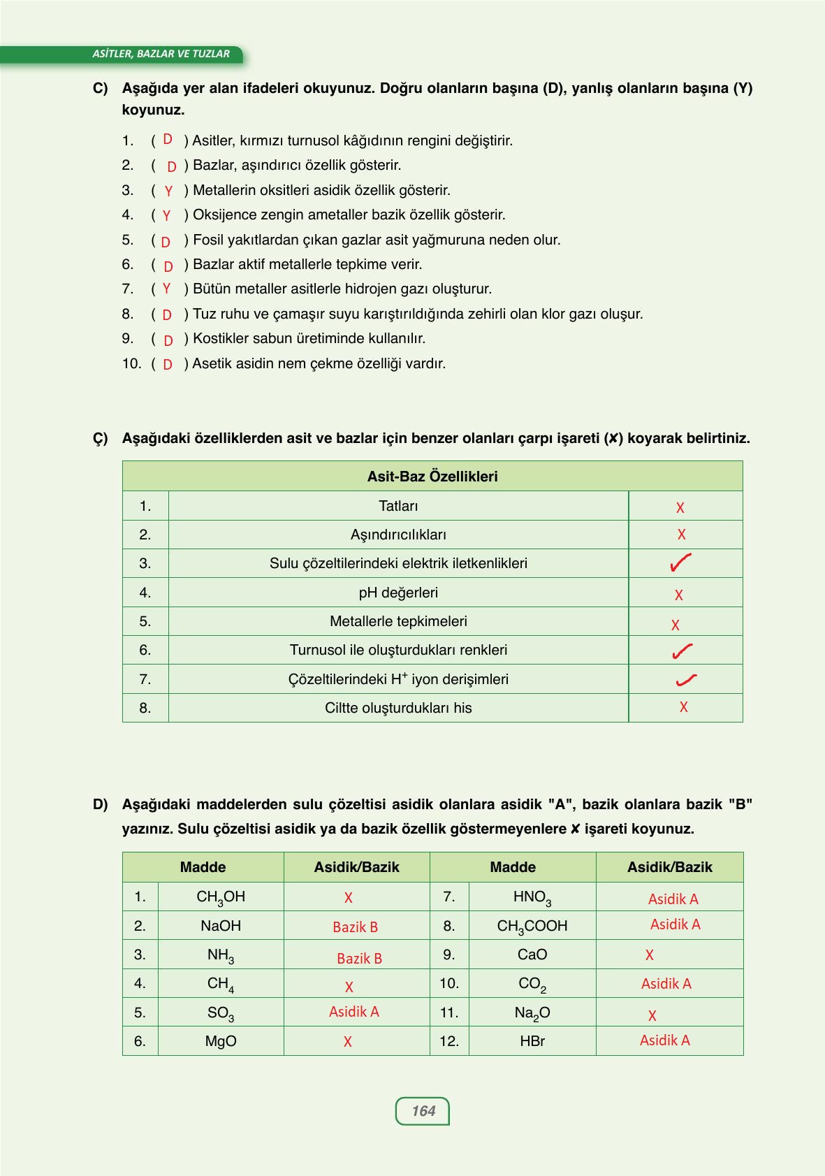 10. Sınıf Ata Yayıncılık Kimya Ders Kitabı Sayfa 164 Cevapları