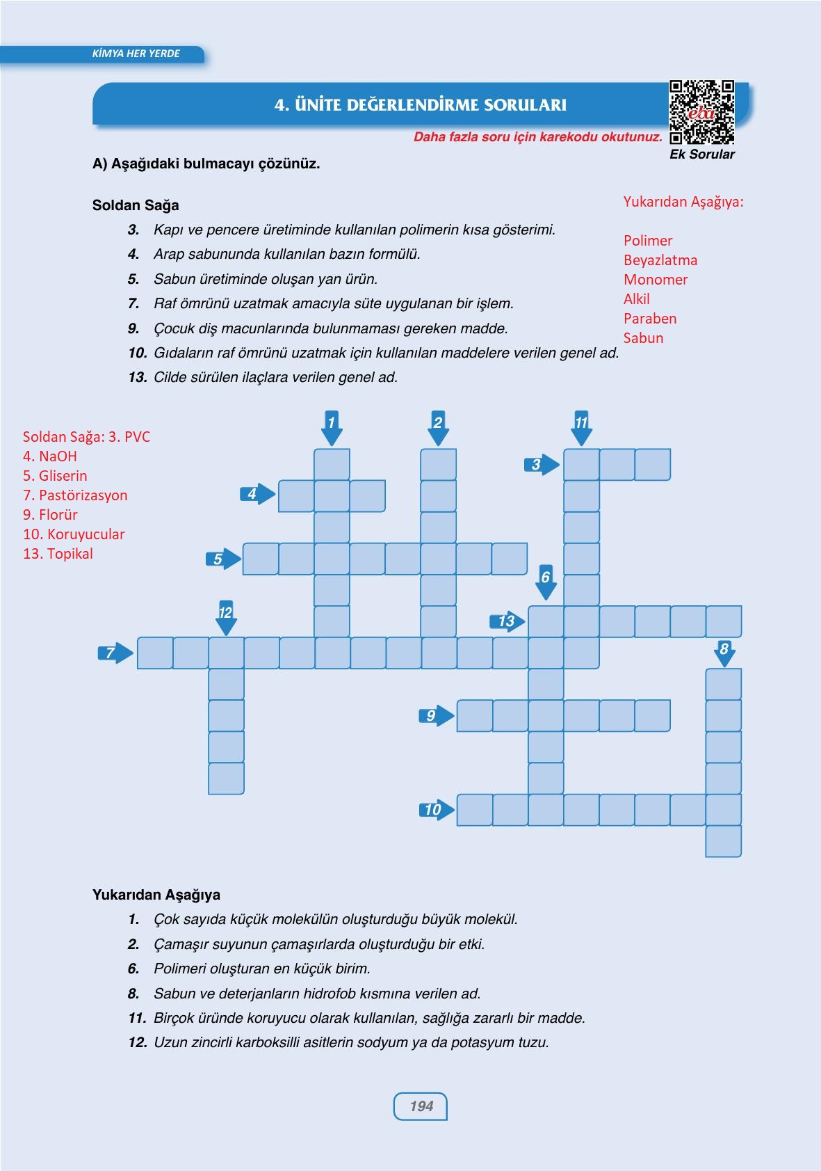 10. Sınıf Ata Yayıncılık Kimya Ders Kitabı Sayfa 194 Cevapları