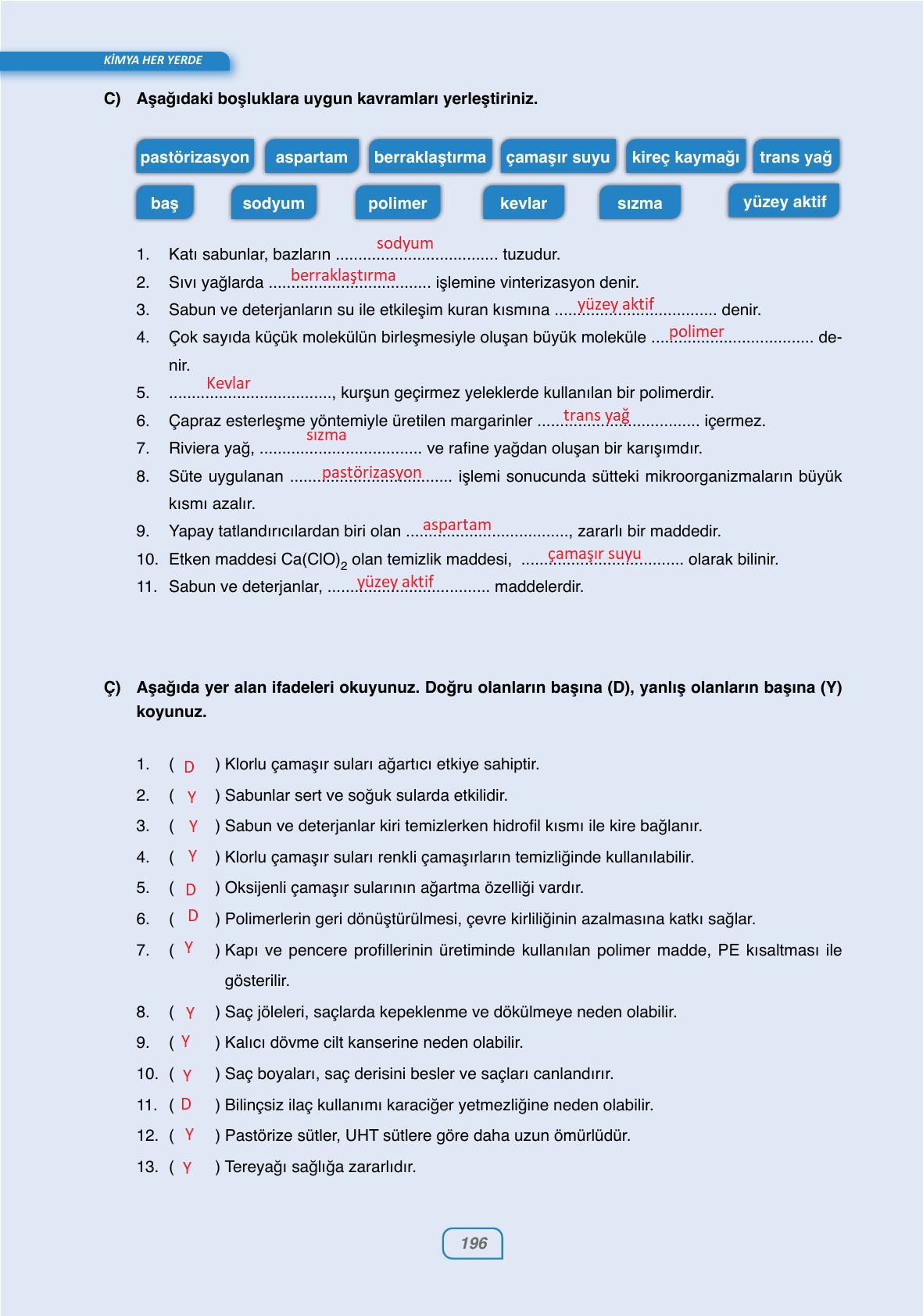 10. Sınıf Ata Yayıncılık Kimya Ders Kitabı Sayfa 196 Cevapları