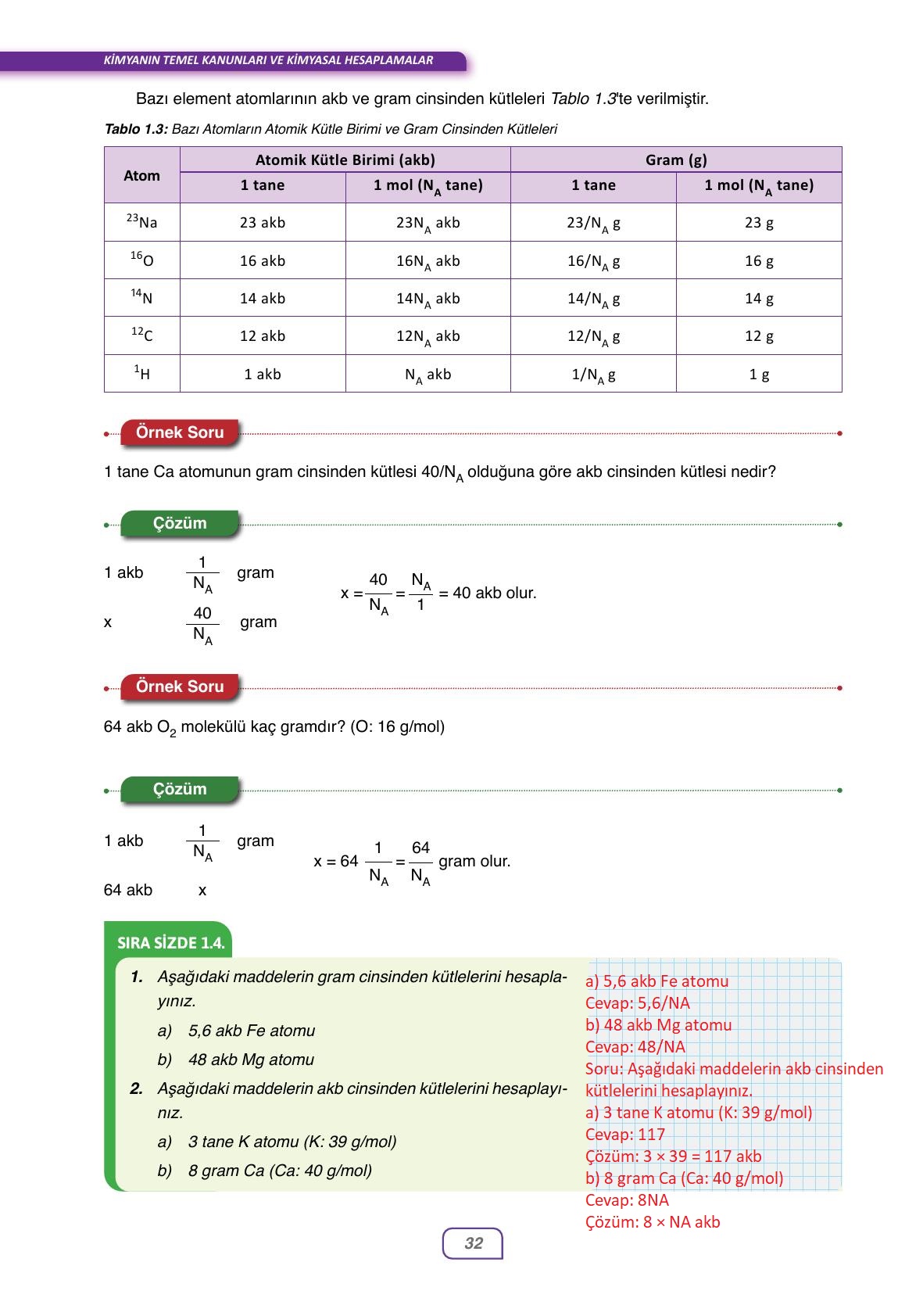 10. Sınıf Ata Yayıncılık Kimya Ders Kitabı Sayfa 32 Cevapları