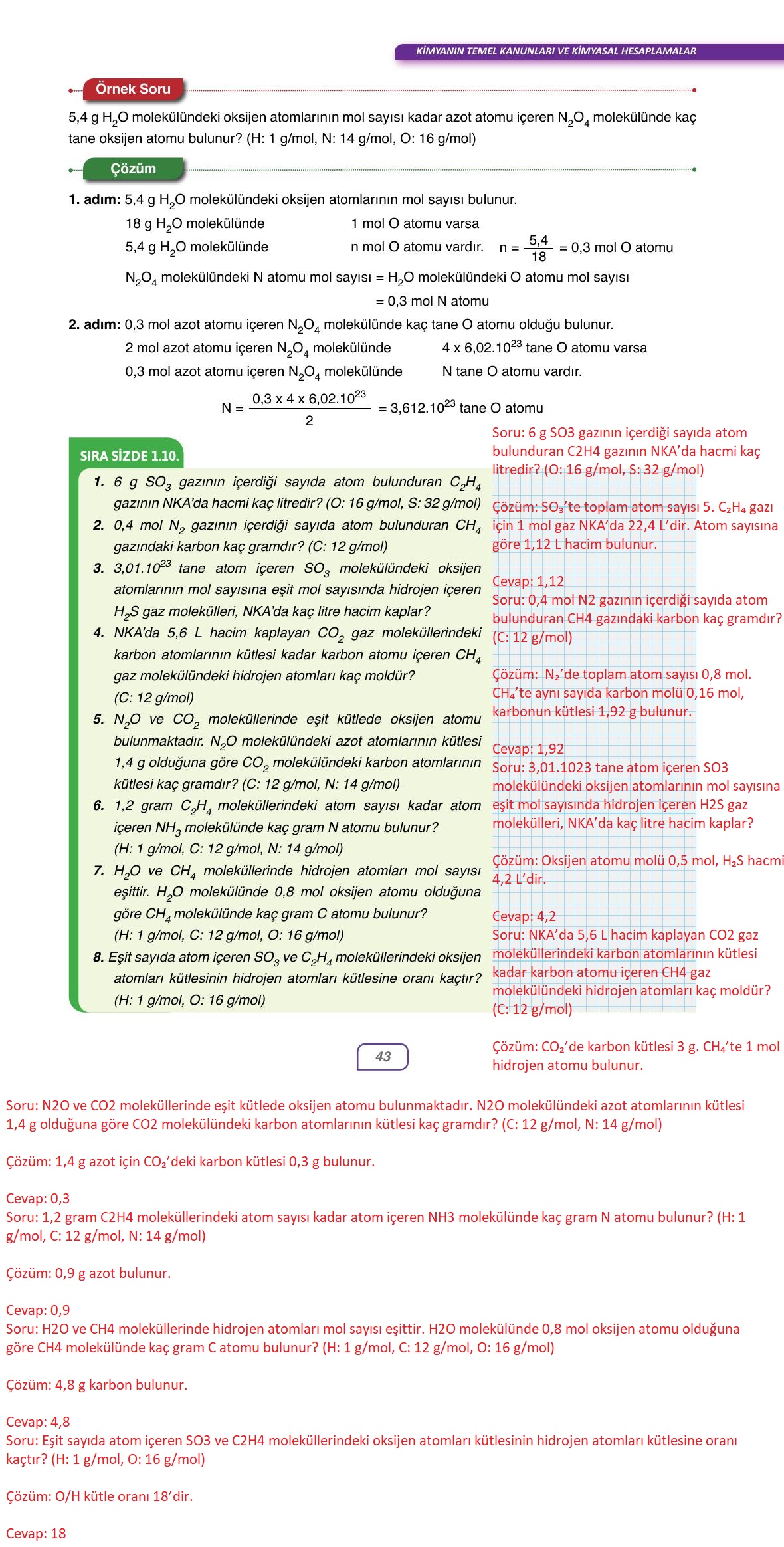 10. Sınıf Ata Yayıncılık Kimya Ders Kitabı Sayfa 43 Cevapları