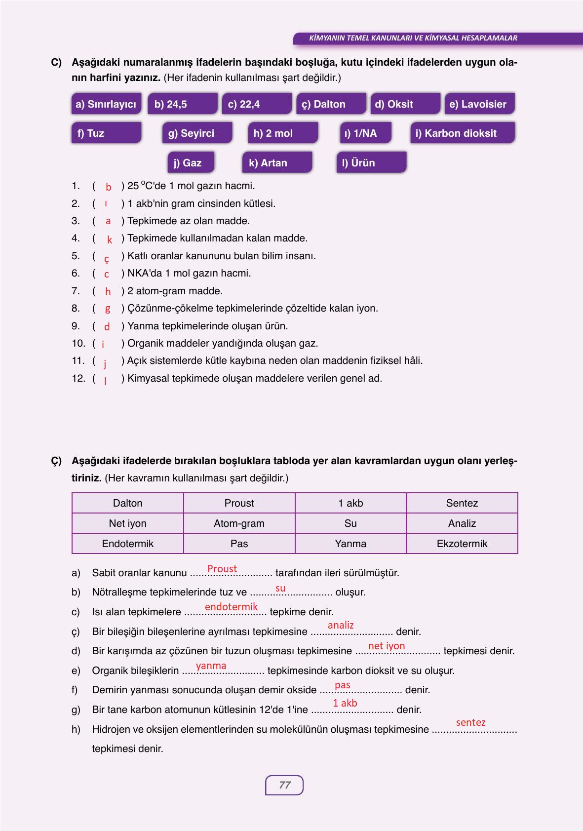 10. Sınıf Ata Yayıncılık Kimya Ders Kitabı Sayfa 77 Cevapları