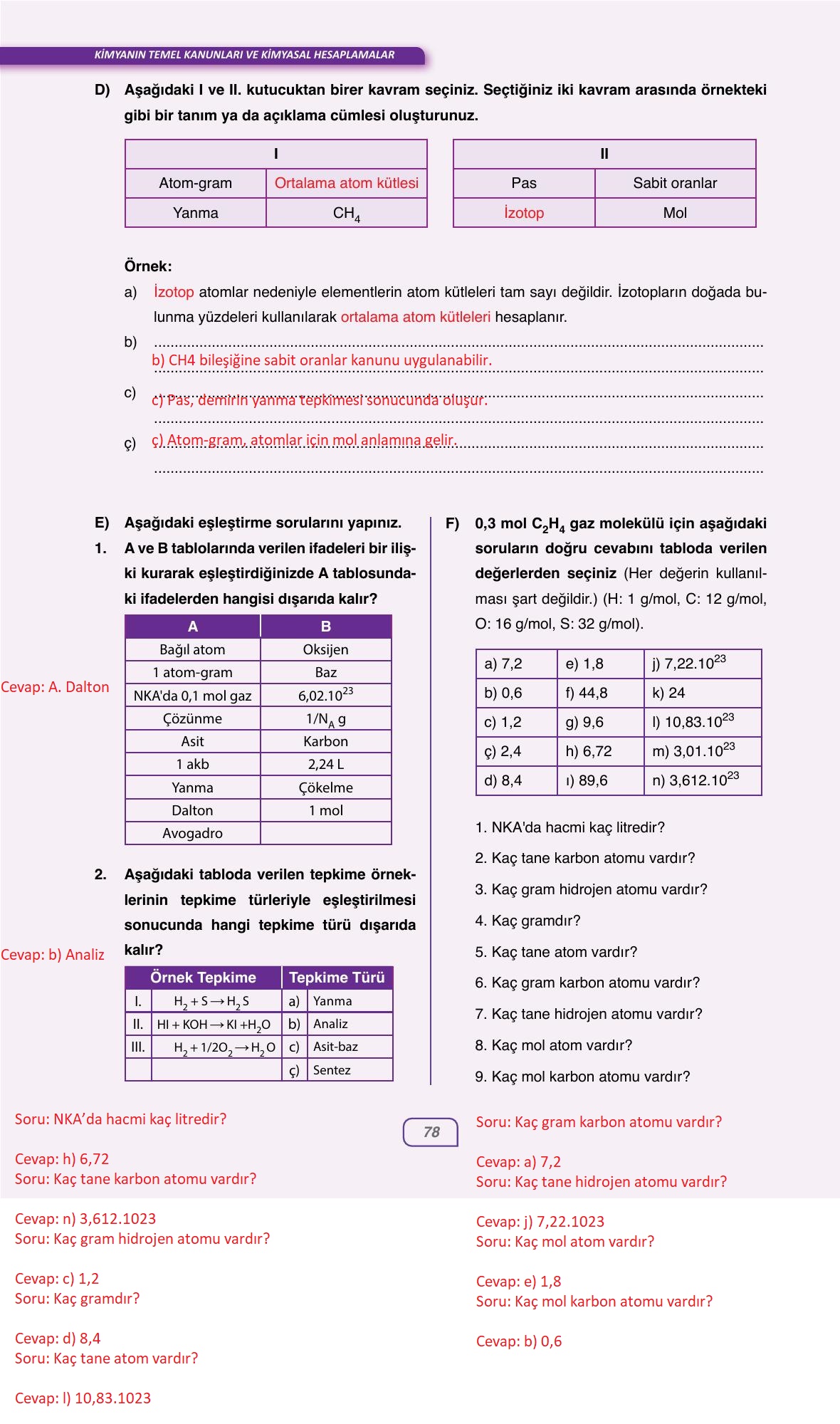 10. Sınıf Ata Yayıncılık Kimya Ders Kitabı Sayfa 78 Cevapları
