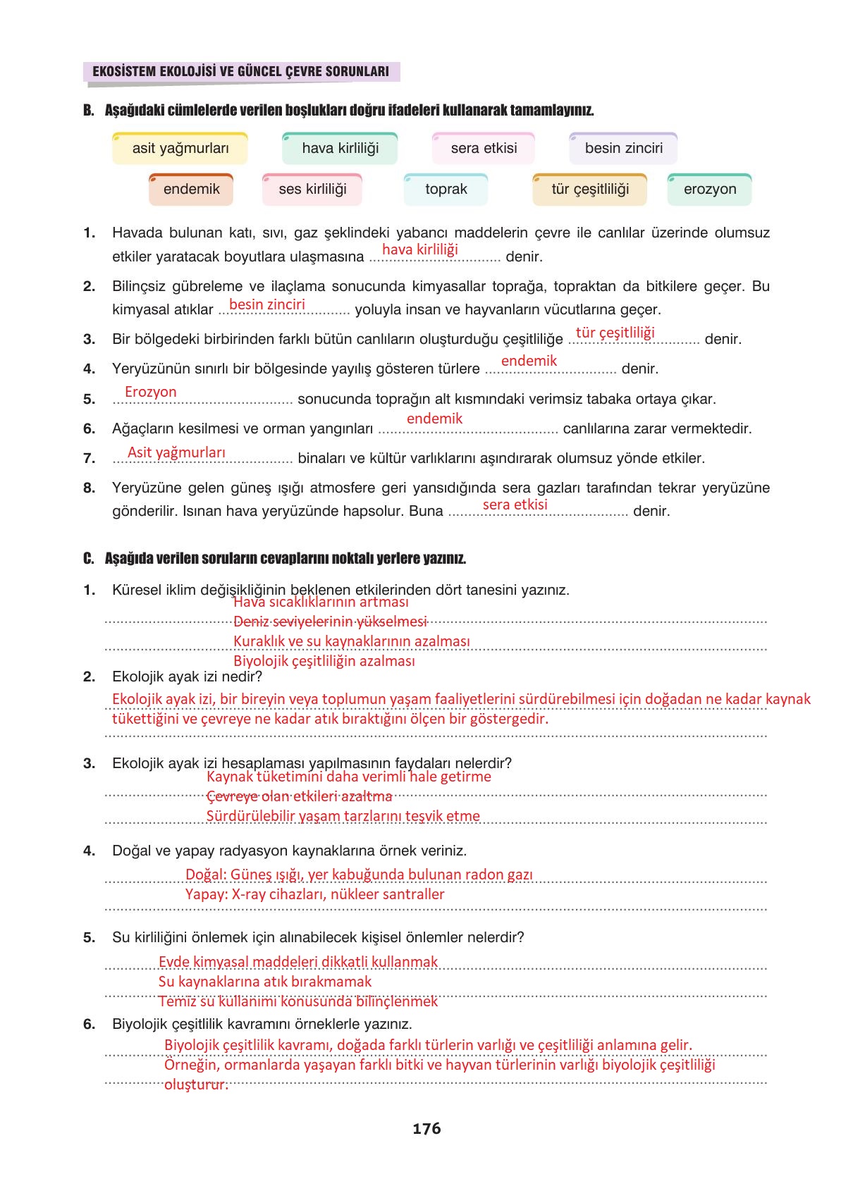 10. Sınıf Dörtel Yayıncılık Biyoloji Ders Kitabı Sayfa 176 Cevapları