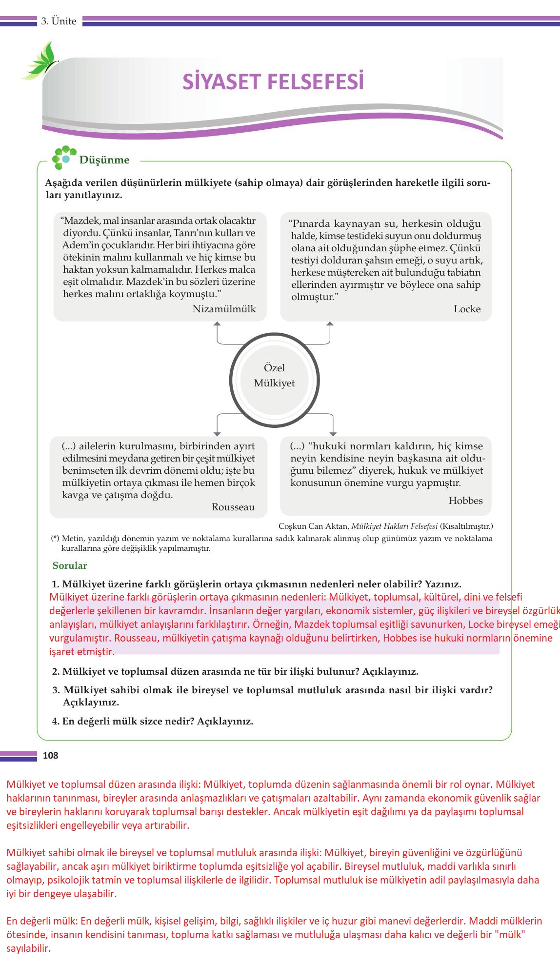10. Sınıf Meb Yayınları Felsefe Ders Kitabı Sayfa 108 Cevapları