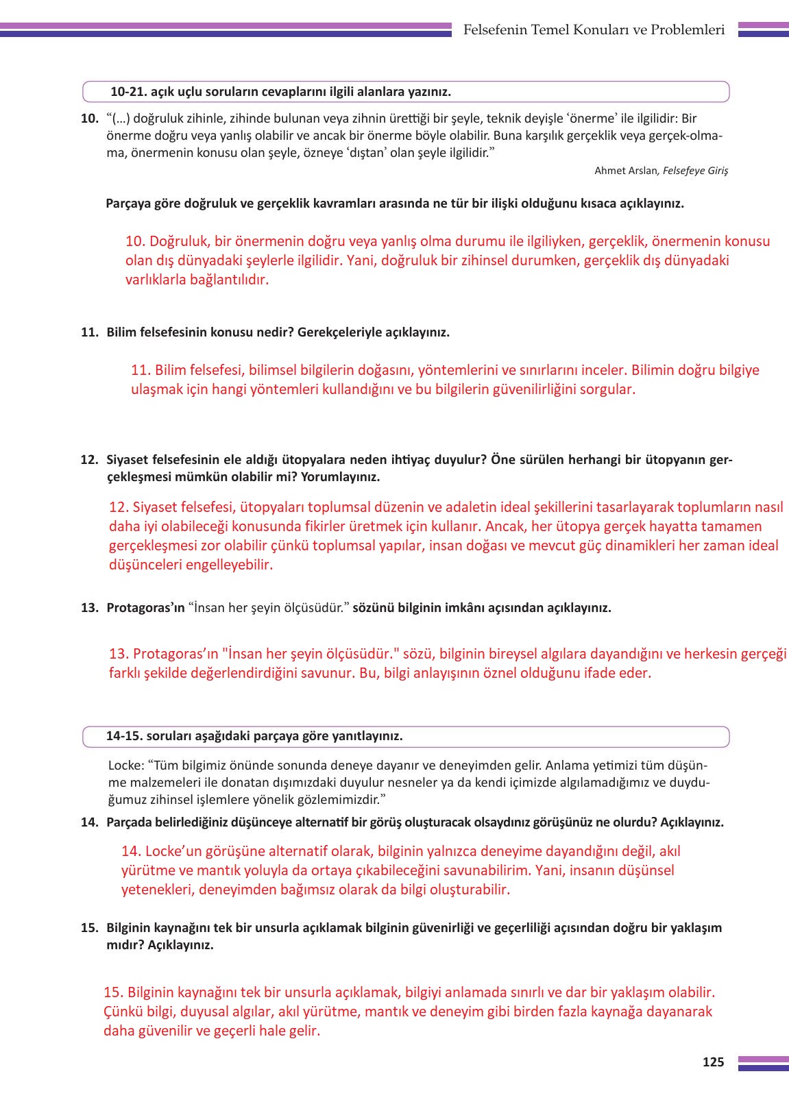 10. Sınıf Meb Yayınları Felsefe Ders Kitabı Sayfa 125 Cevapları