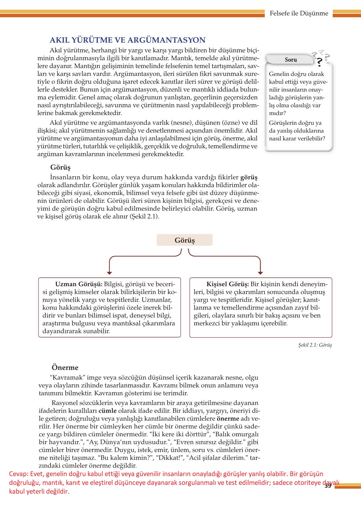 10. Sınıf Meb Yayınları Felsefe Ders Kitabı Sayfa 39 Cevapları