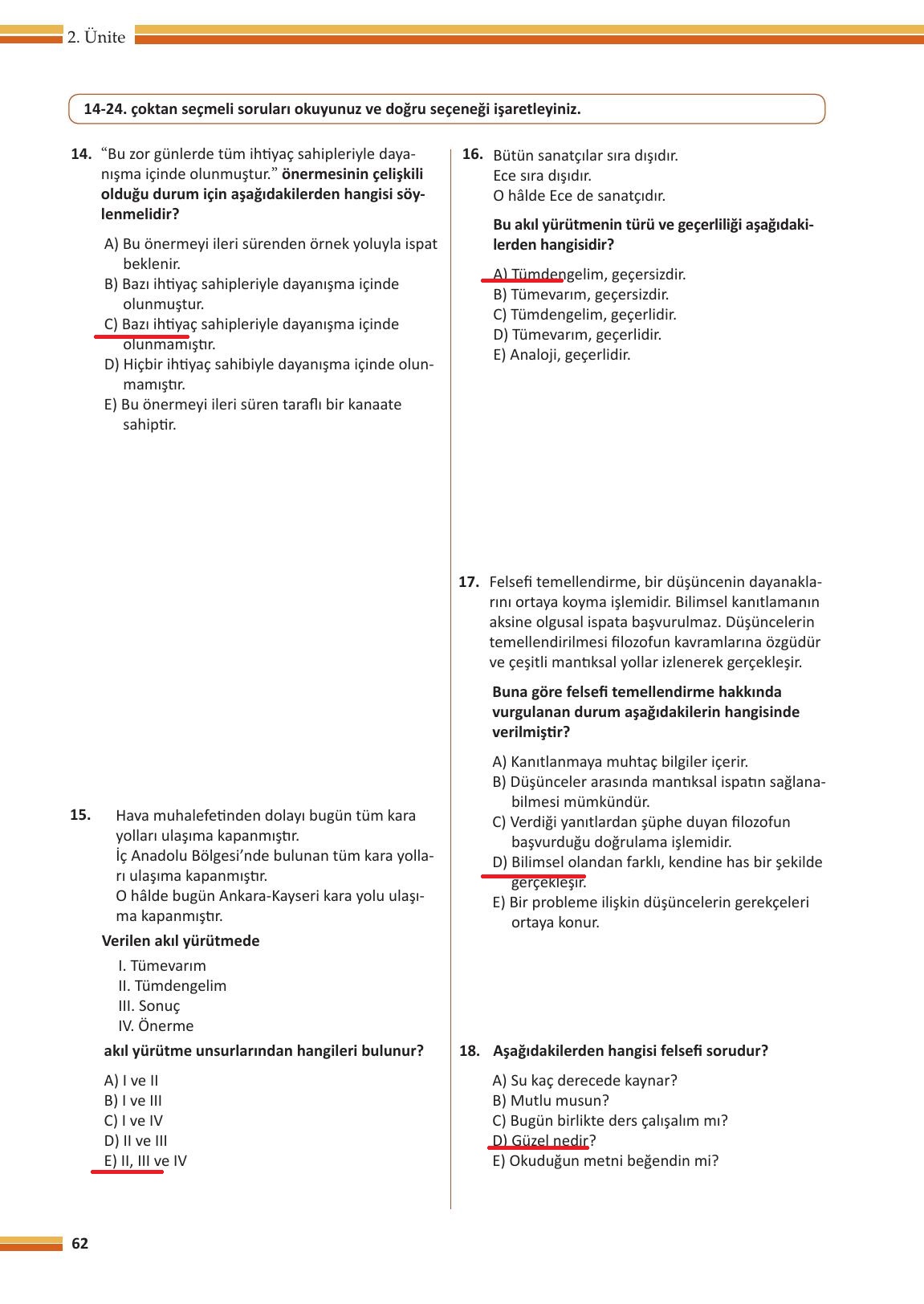 10. Sınıf Meb Yayınları Felsefe Ders Kitabı Sayfa 62 Cevapları