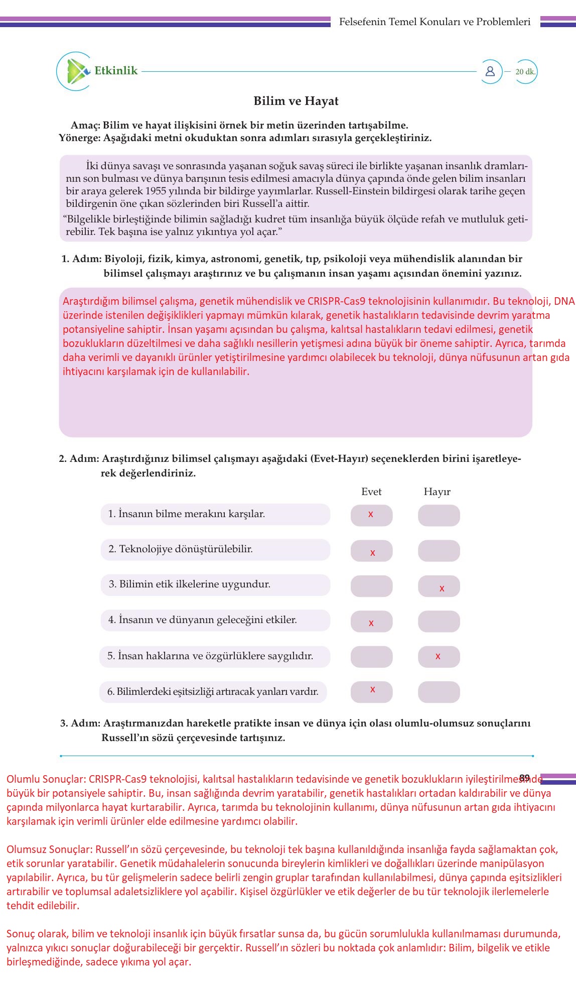 10. Sınıf Meb Yayınları Felsefe Ders Kitabı Sayfa 89 Cevapları