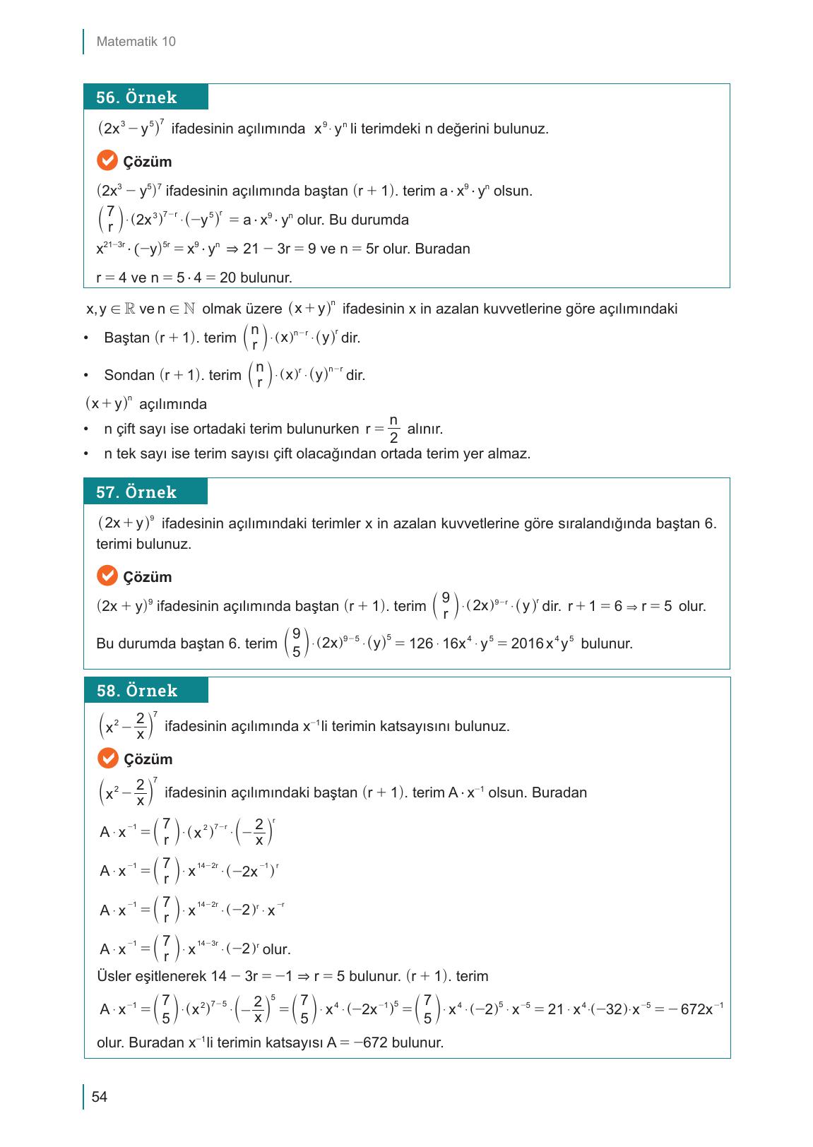 10. Sınıf Meb Yayınları Matematik Ders Kitabı Sayfa 54 Cevapları