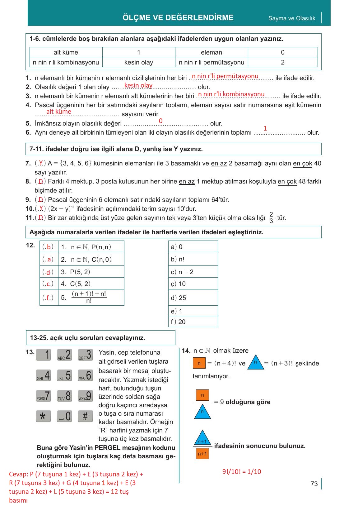 10. Sınıf Meb Yayınları Matematik Ders Kitabı Sayfa 73 Cevapları