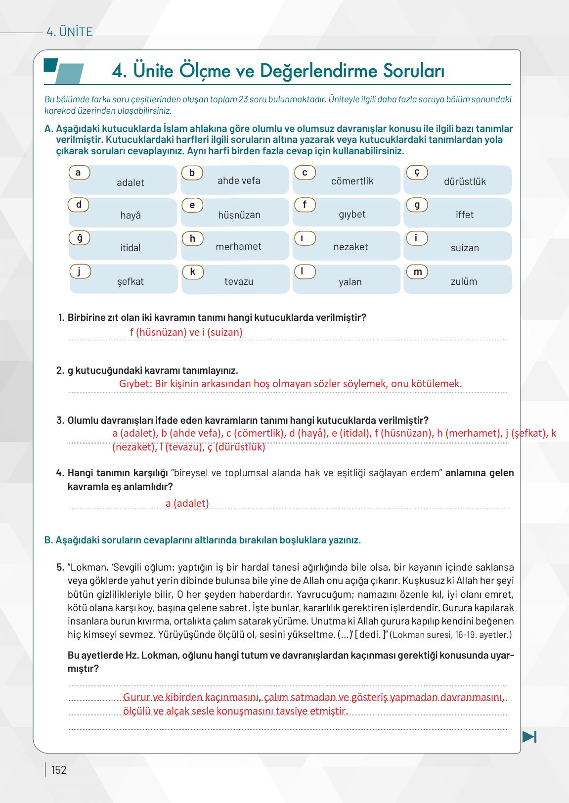 9. Sınıf Meb Yayınları Temel Dini Bilgiler Ders Kitabı Sayfa 152 Cevapları