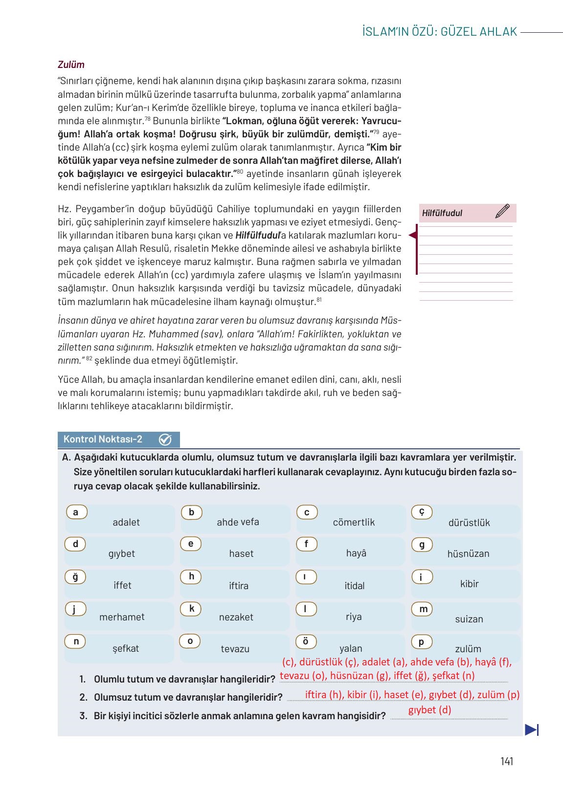 9. Sınıf Meb Yayınları Temel Dini Bilgiler Ders Kitabı Sayfa 141 Cevapları