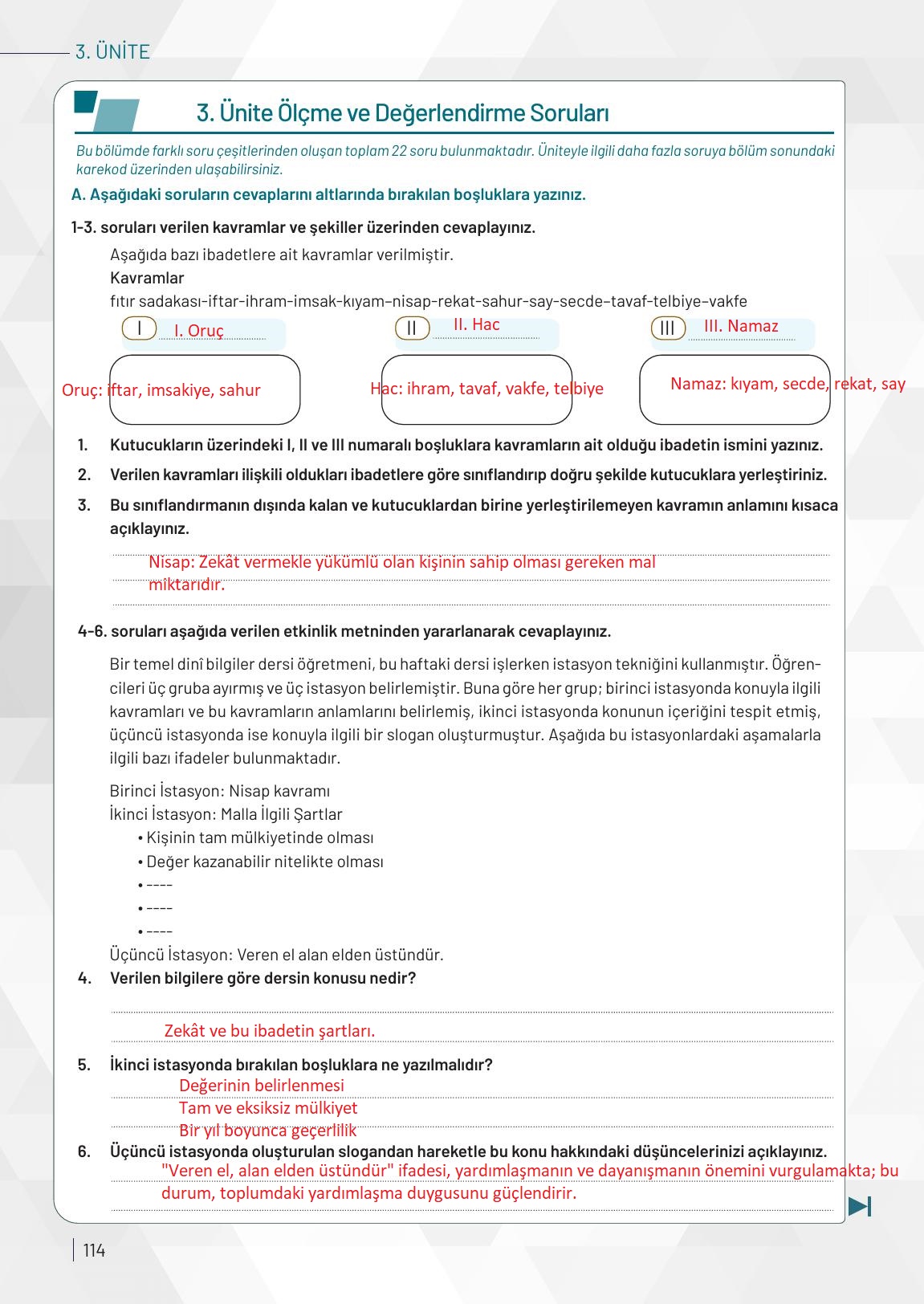 9. Sınıf Meb Yayınları Temel Dini Bilgiler Ders Kitabı Sayfa 114 Cevapları