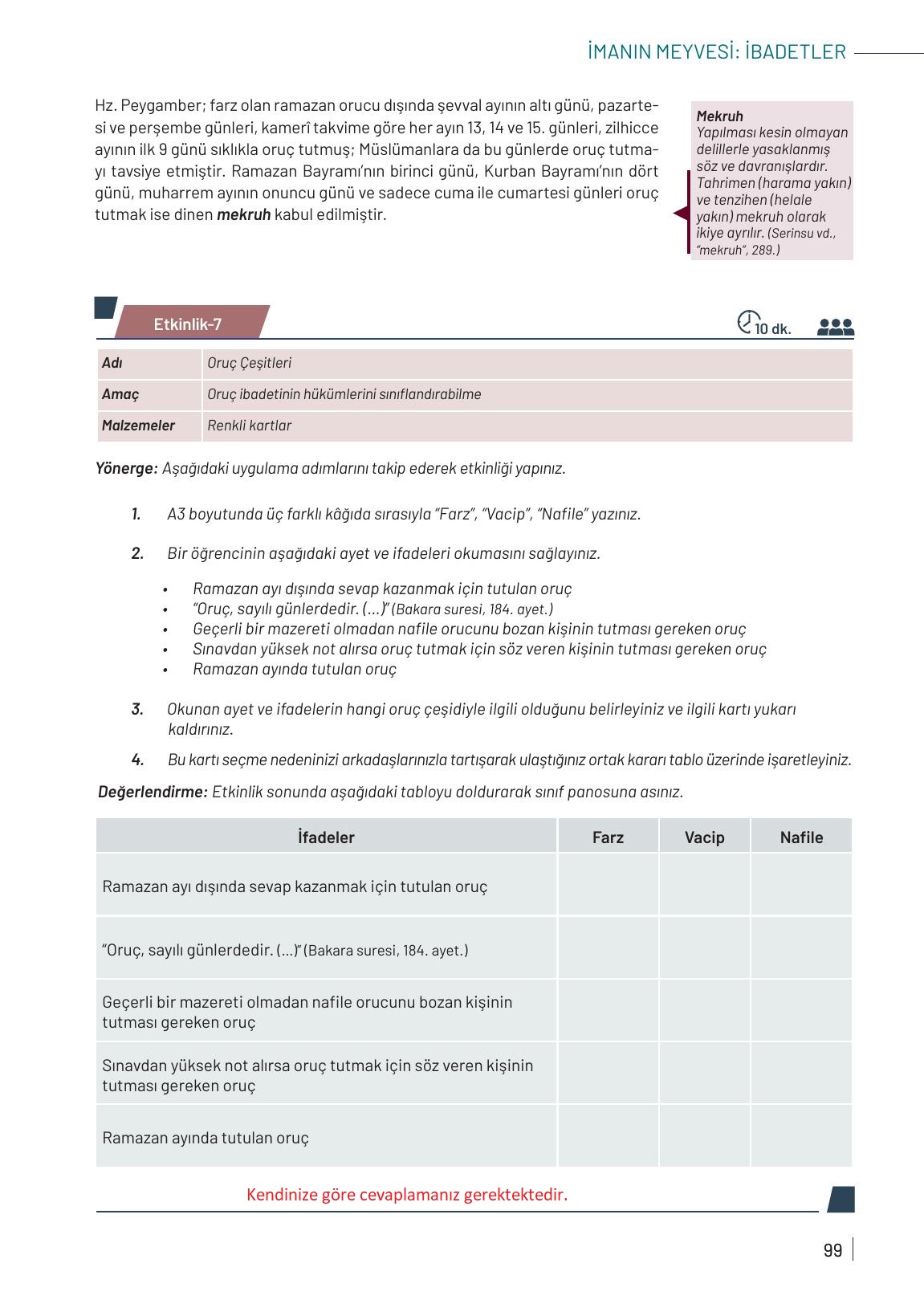 9. Sınıf Meb Yayınları Temel Dini Bilgiler Ders Kitabı Sayfa 99 Cevapları