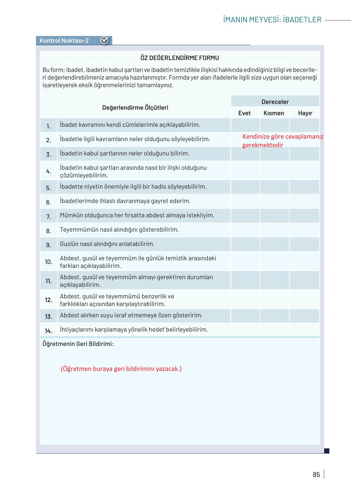 9. Sınıf Meb Yayınları Temel Dini Bilgiler Ders Kitabı Sayfa 85 Cevapları