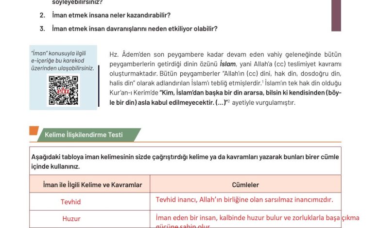 9. Sınıf Meb Yayınları Temel Dini Bilgiler Ders Kitabı Sayfa 44 Cevapları