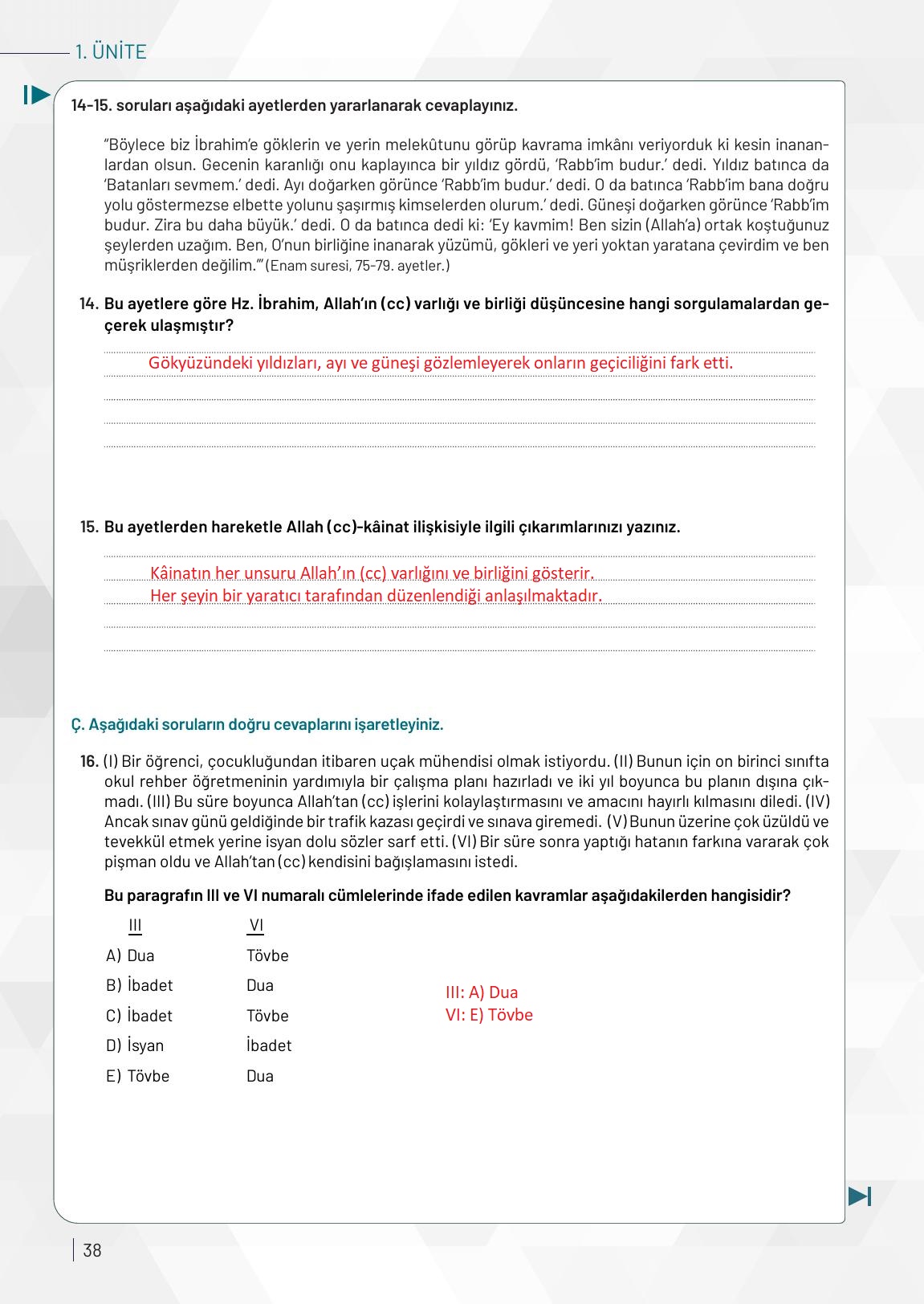 9. Sınıf Meb Yayınları Temel Dini Bilgiler Ders Kitabı Sayfa 38 Cevapları