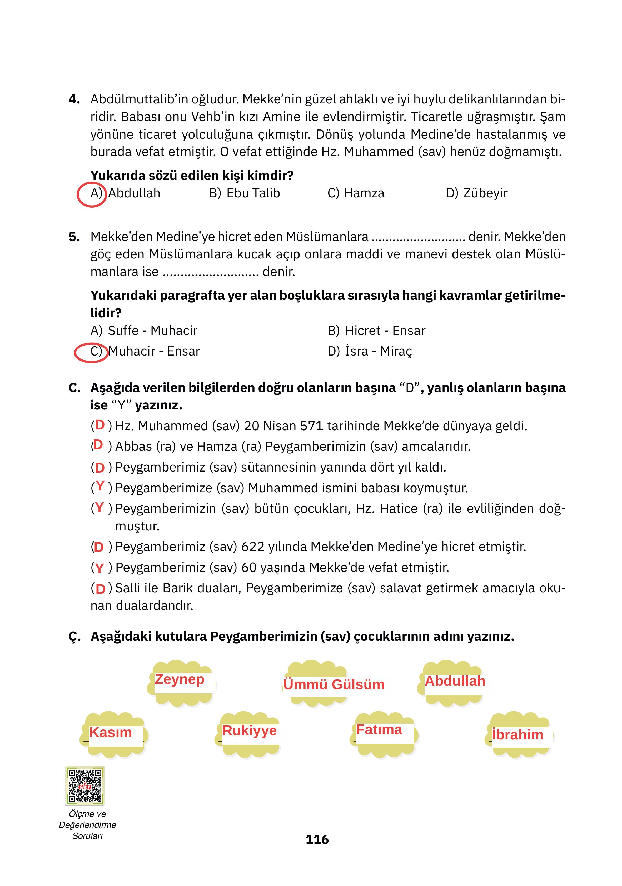 4. Sınıf Sdr Dikey Yayıncılık Din Kültürü Ve Ahlak Bilgisi Ders Kitabı Sayfa 116 Cevapları