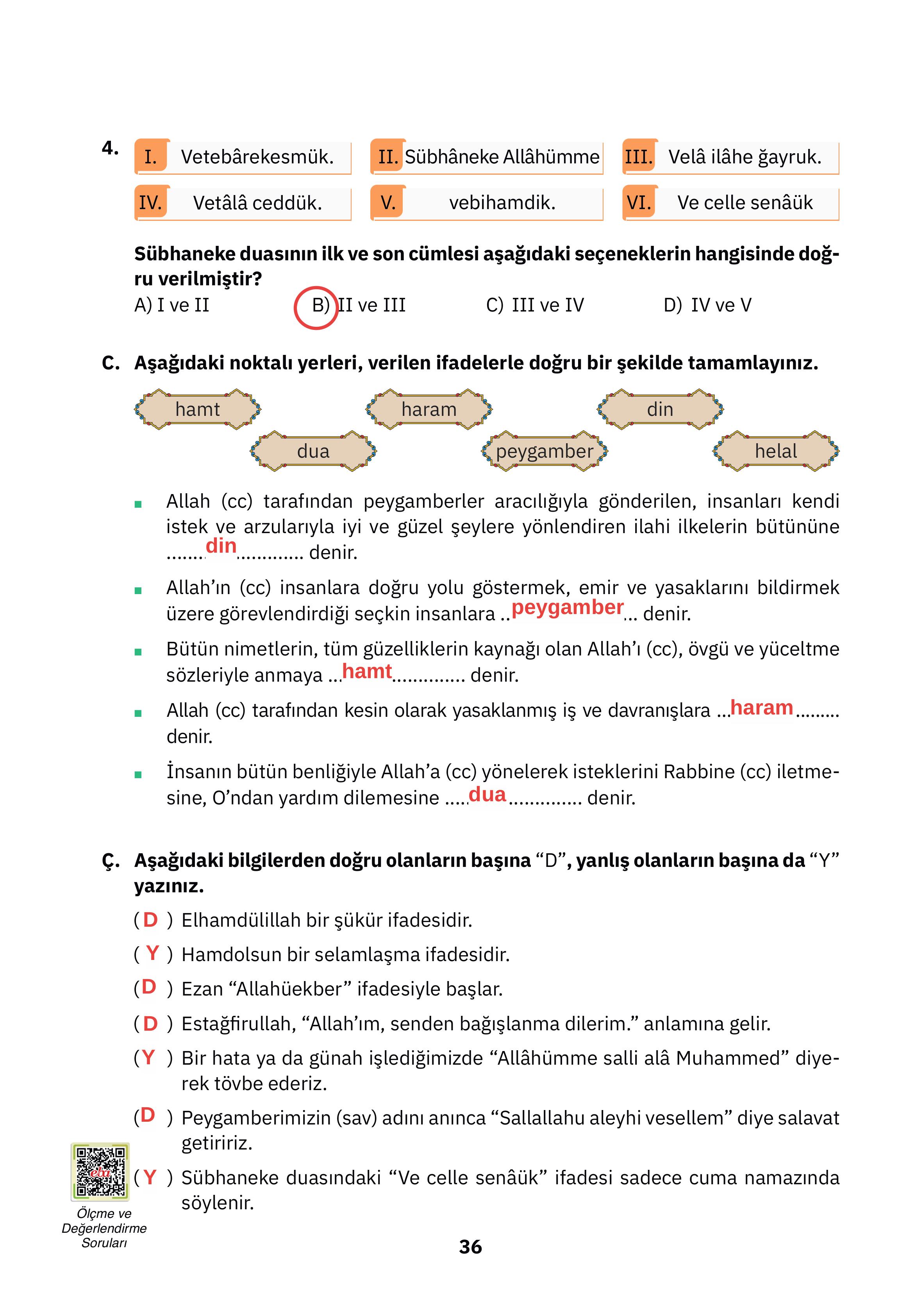 4. Sınıf Sdr Dikey Yayıncılık Din Kültürü Ve Ahlak Bilgisi Ders Kitabı Sayfa 36 Cevapları