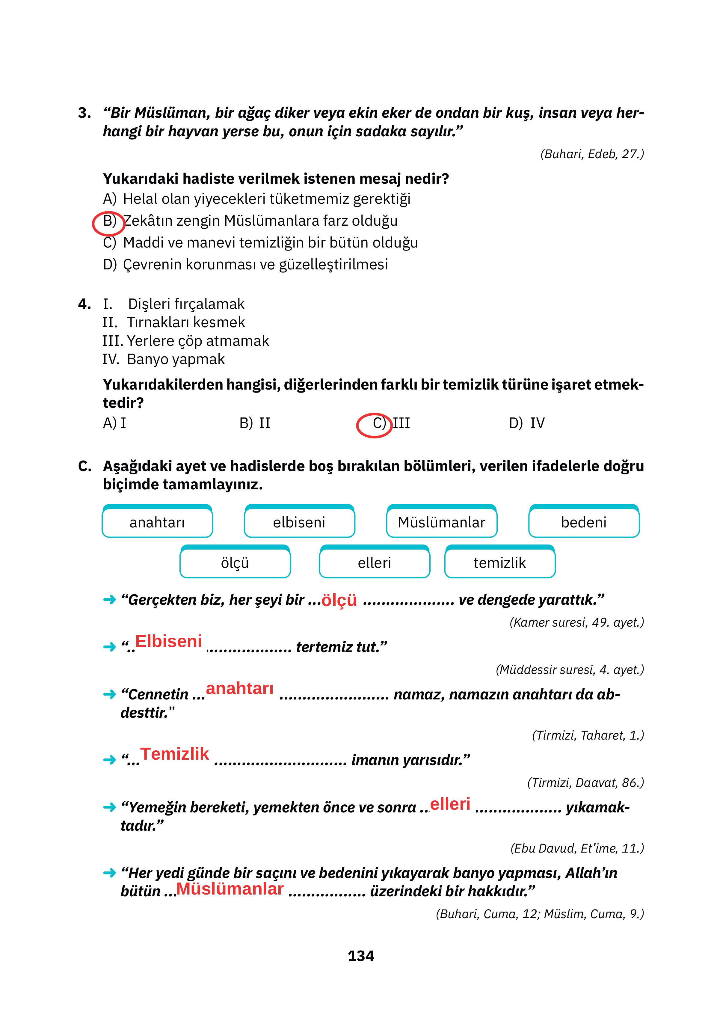 4. Sınıf Sdr Dikey Yayıncılık Din Kültürü Ve Ahlak Bilgisi Ders Kitabı Sayfa 134 Cevapları