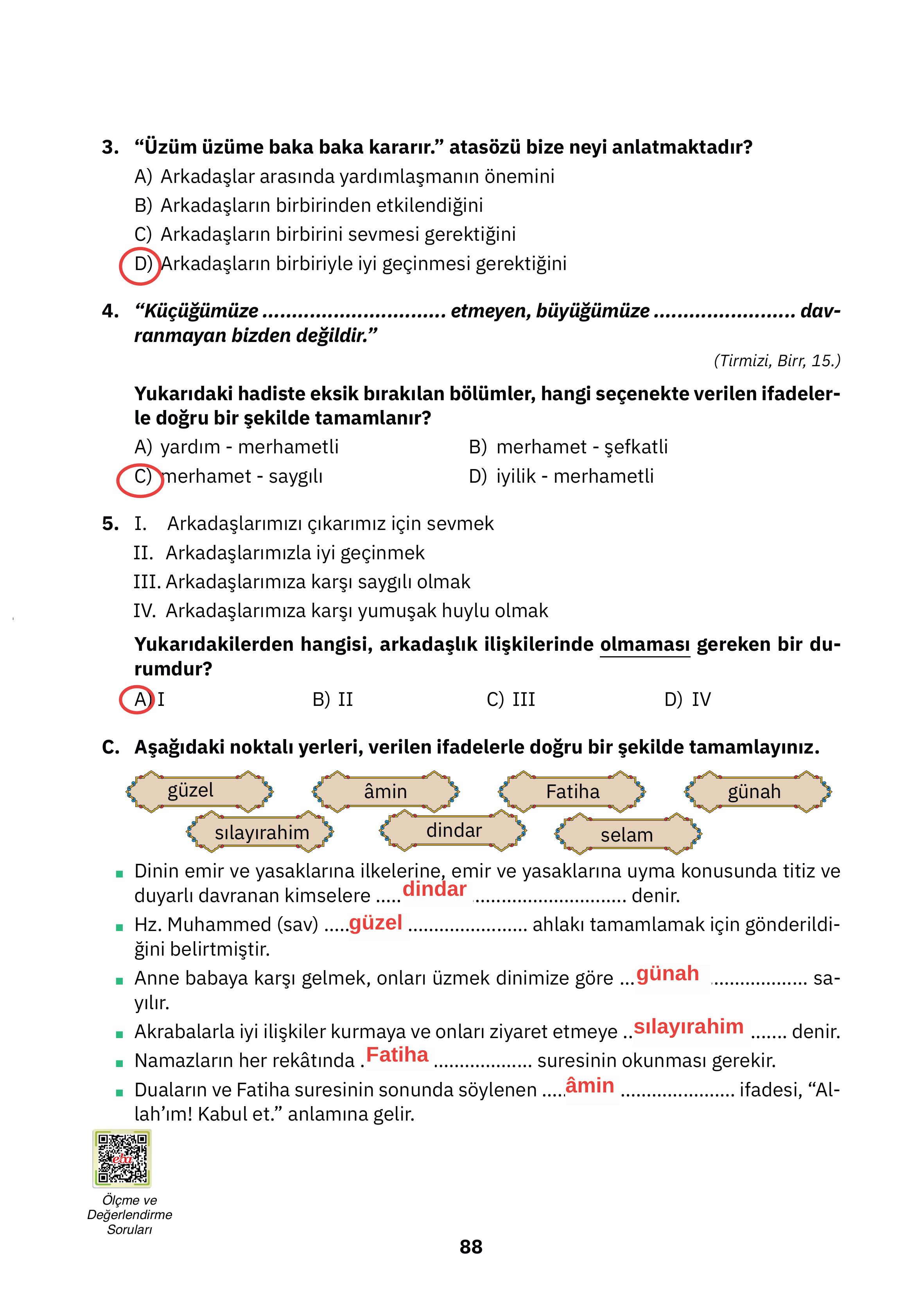 4. Sınıf Sdr Dikey Yayıncılık Din Kültürü Ve Ahlak Bilgisi Ders Kitabı Sayfa 88 Cevapları