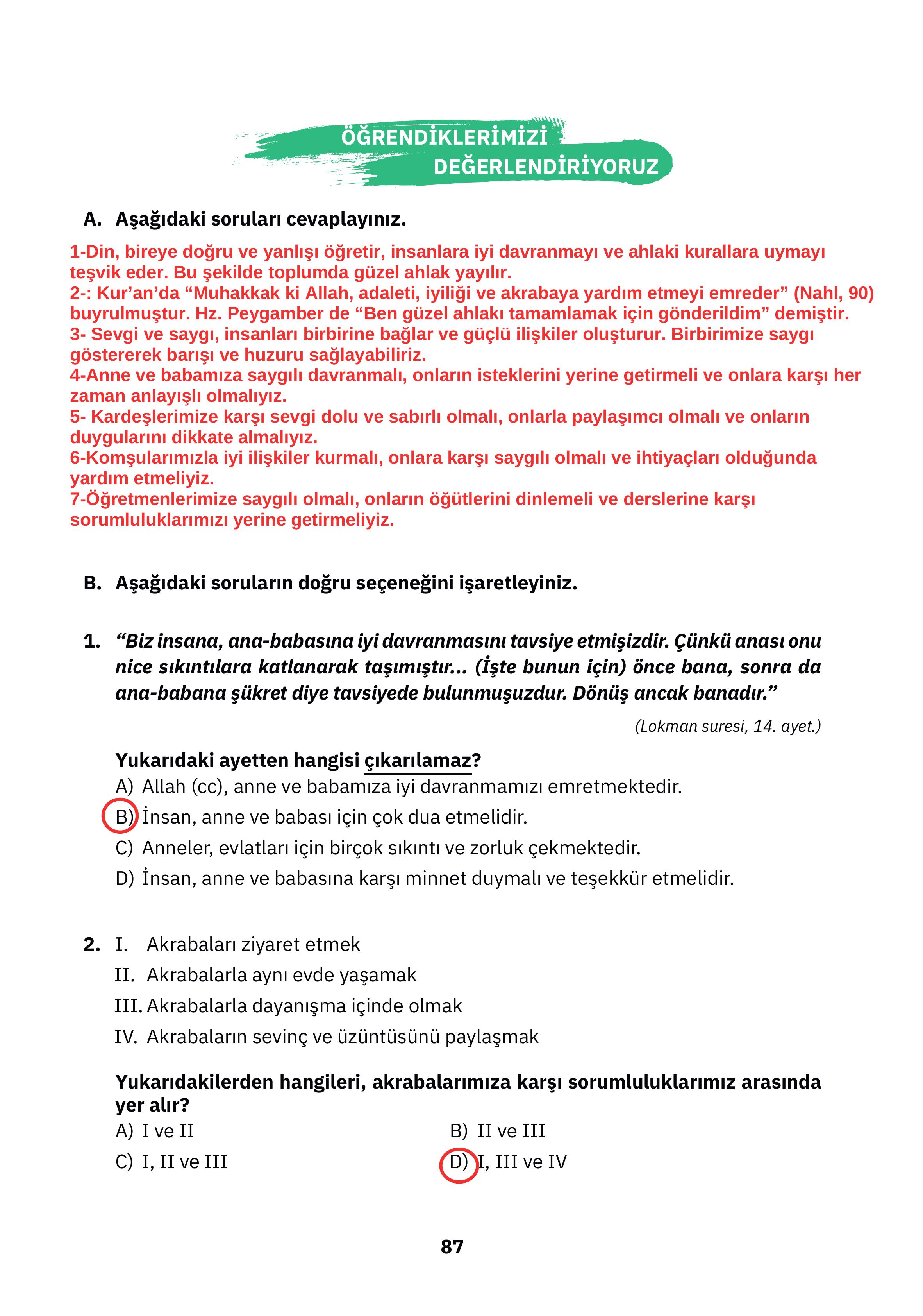 4. Sınıf Sdr Dikey Yayıncılık Din Kültürü Ve Ahlak Bilgisi Ders Kitabı Sayfa 87 Cevapları