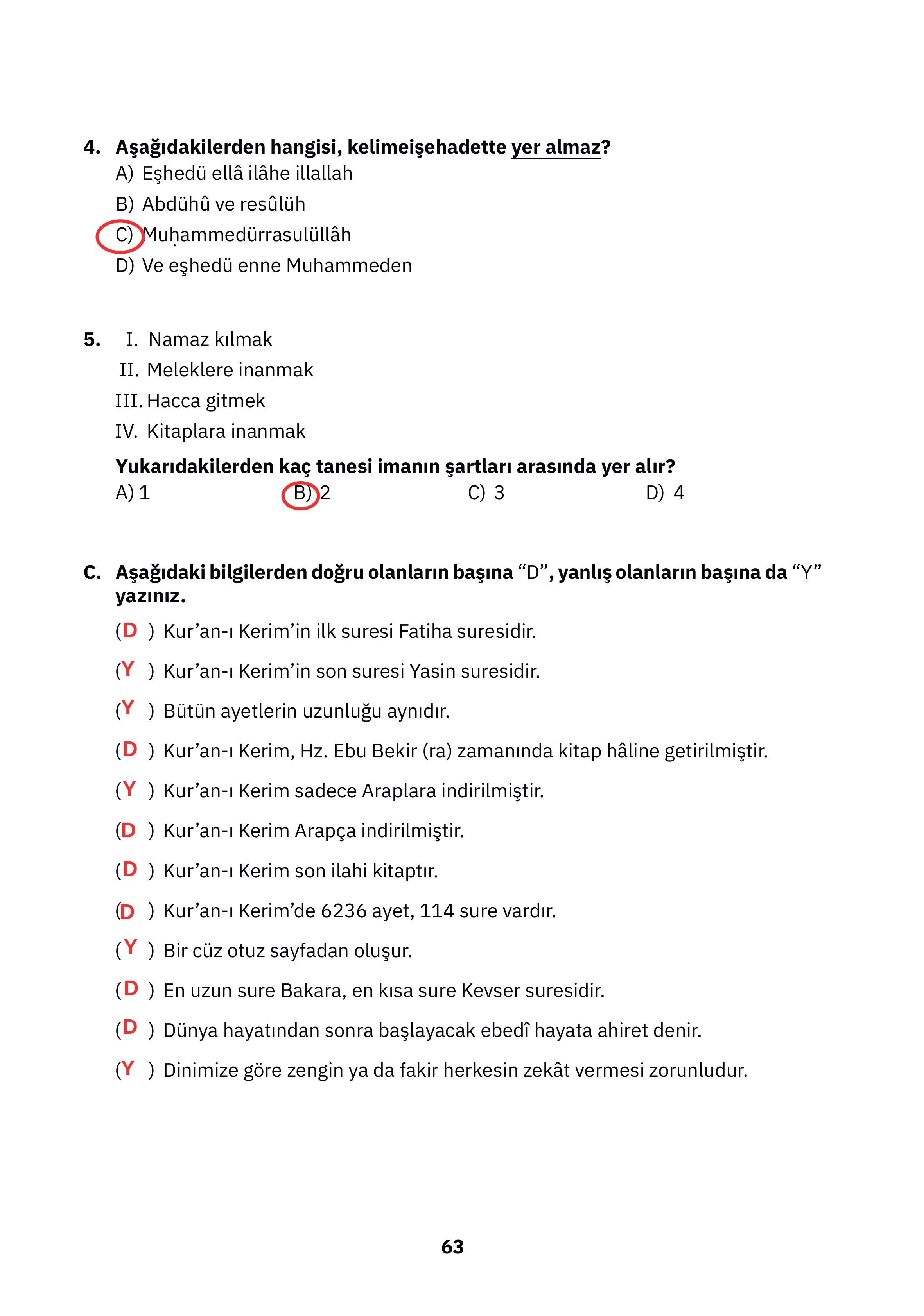 4. Sınıf Sdr Dikey Yayıncılık Din Kültürü Ve Ahlak Bilgisi Ders Kitabı Sayfa 63 Cevapları