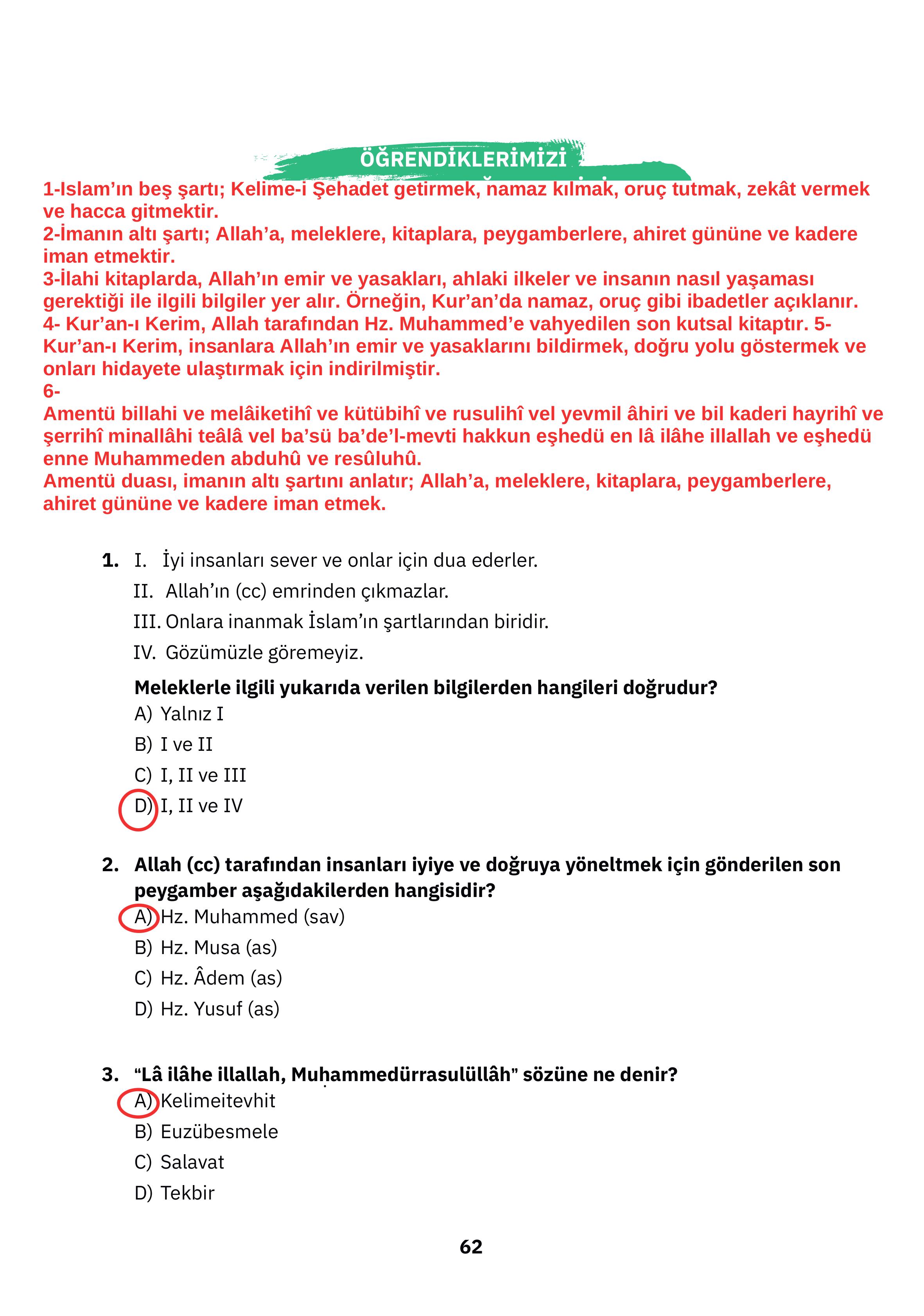 4. Sınıf Sdr Dikey Yayıncılık Din Kültürü Ve Ahlak Bilgisi Ders Kitabı Sayfa 62 Cevapları