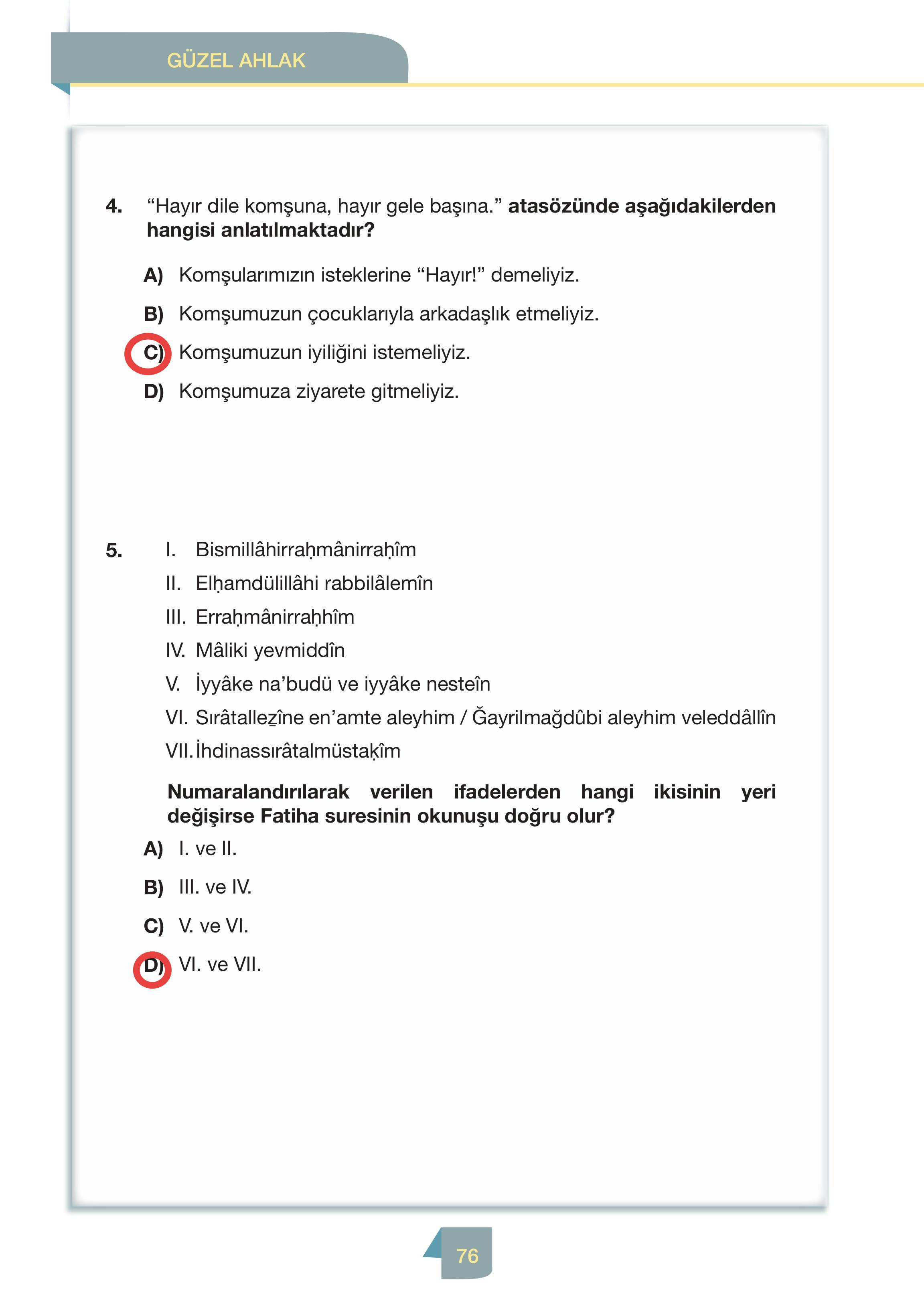 4. Sınıf Meb Yayınları Din Kültürü Ve Ahlak Bilgisi Ders Kitabı Sayfa 76 Cevapları