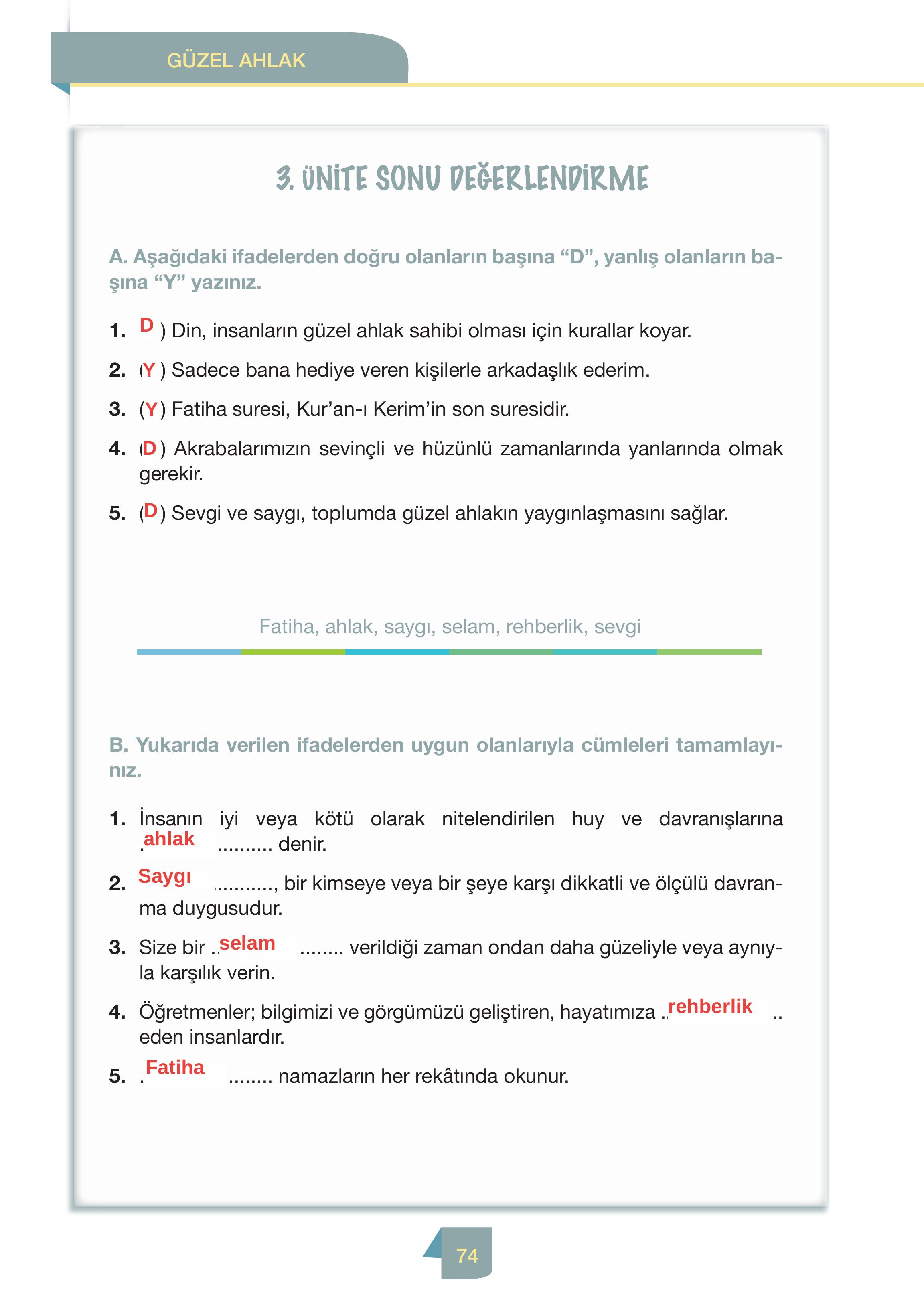 4. Sınıf Meb Yayınları Din Kültürü Ve Ahlak Bilgisi Ders Kitabı Sayfa 74 Cevapları