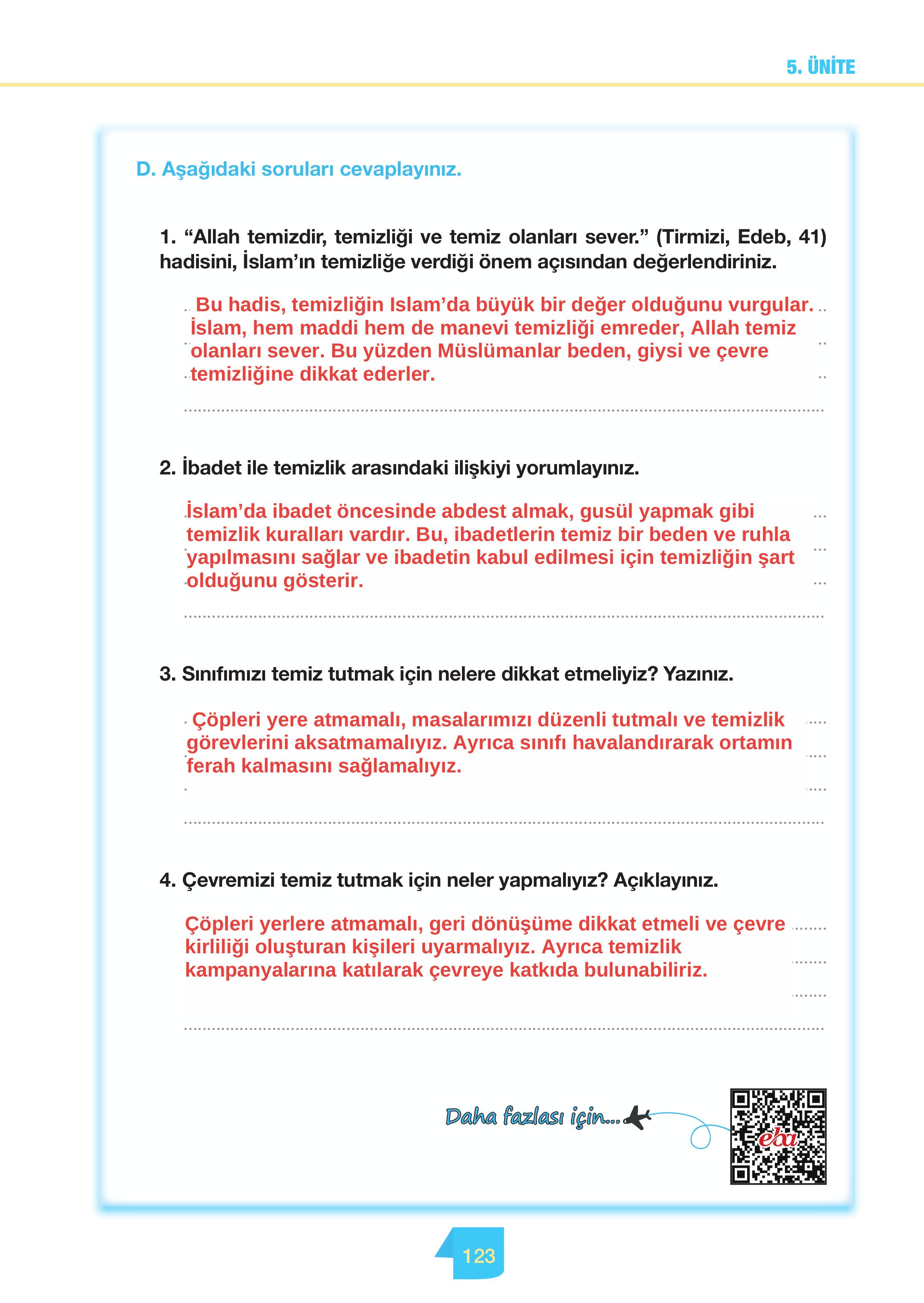 4. Sınıf Meb Yayınları Din Kültürü Ve Ahlak Bilgisi Ders Kitabı Sayfa 123 Cevapları