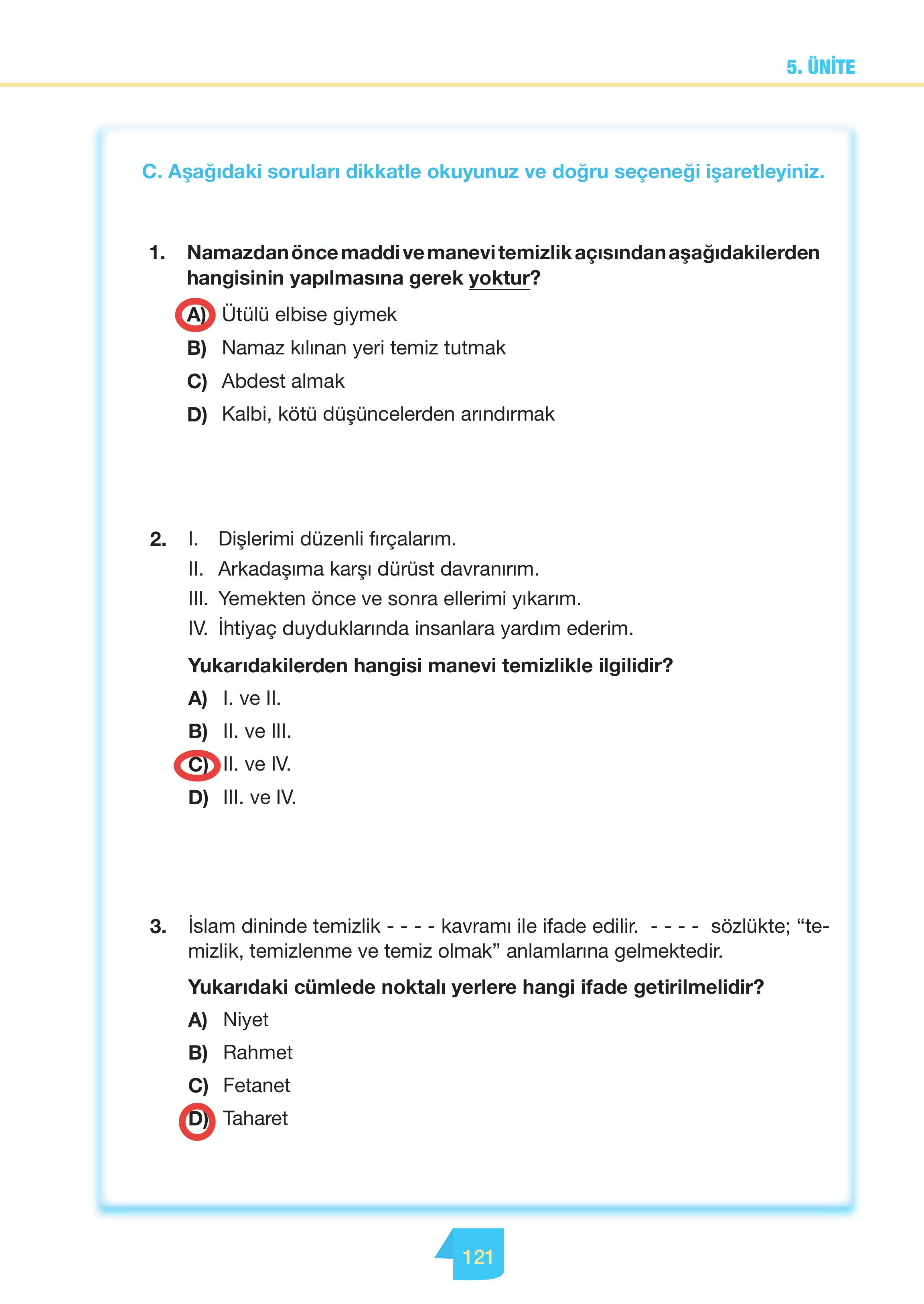 4. Sınıf Meb Yayınları Din Kültürü Ve Ahlak Bilgisi Ders Kitabı Sayfa 121 Cevapları