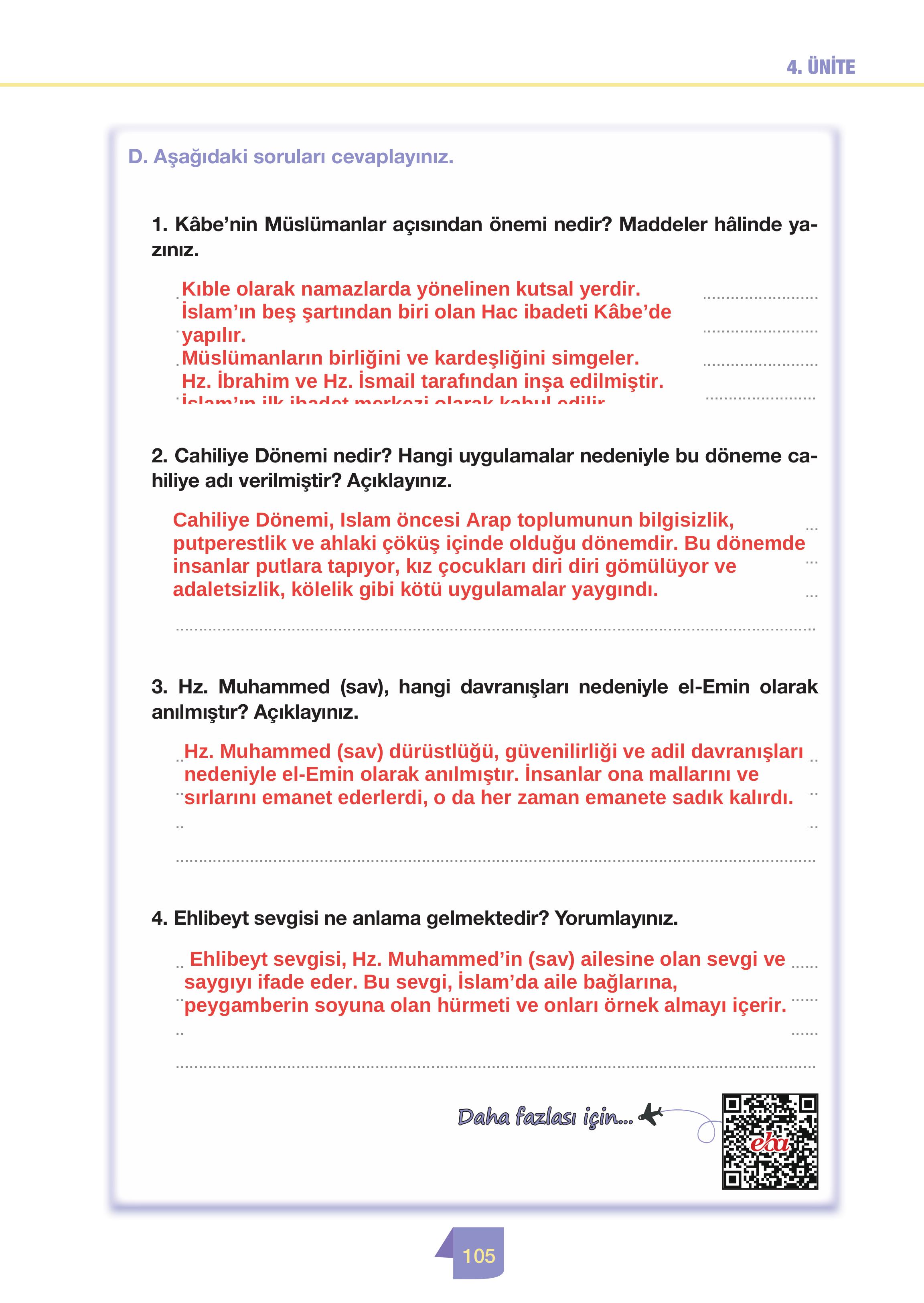 4. Sınıf Meb Yayınları Din Kültürü Ve Ahlak Bilgisi Ders Kitabı Sayfa 105 Cevapları