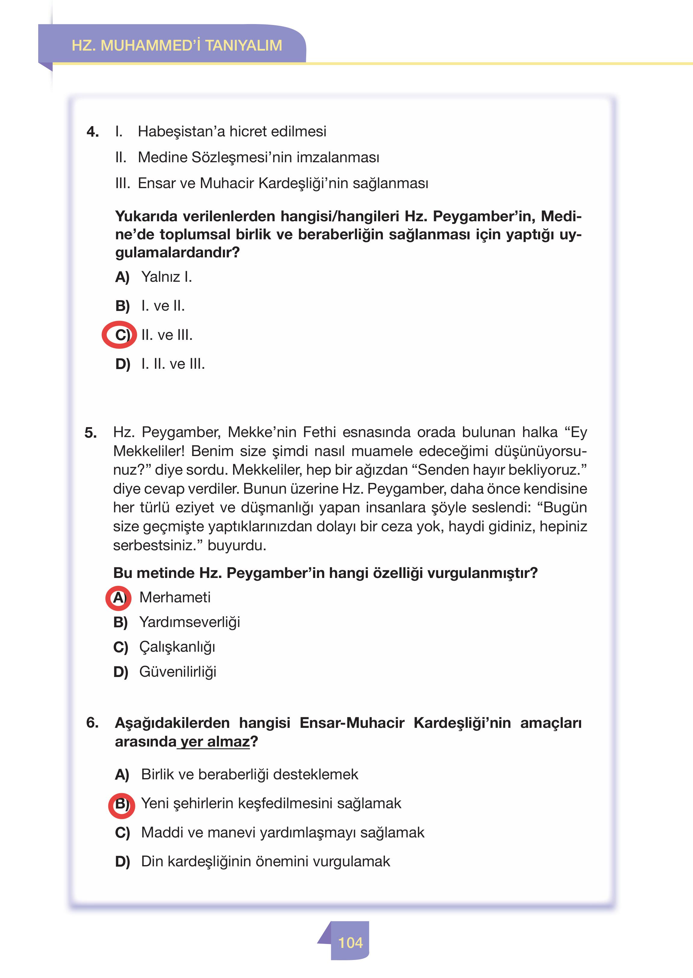 4. Sınıf Meb Yayınları Din Kültürü Ve Ahlak Bilgisi Ders Kitabı Sayfa 104 Cevapları