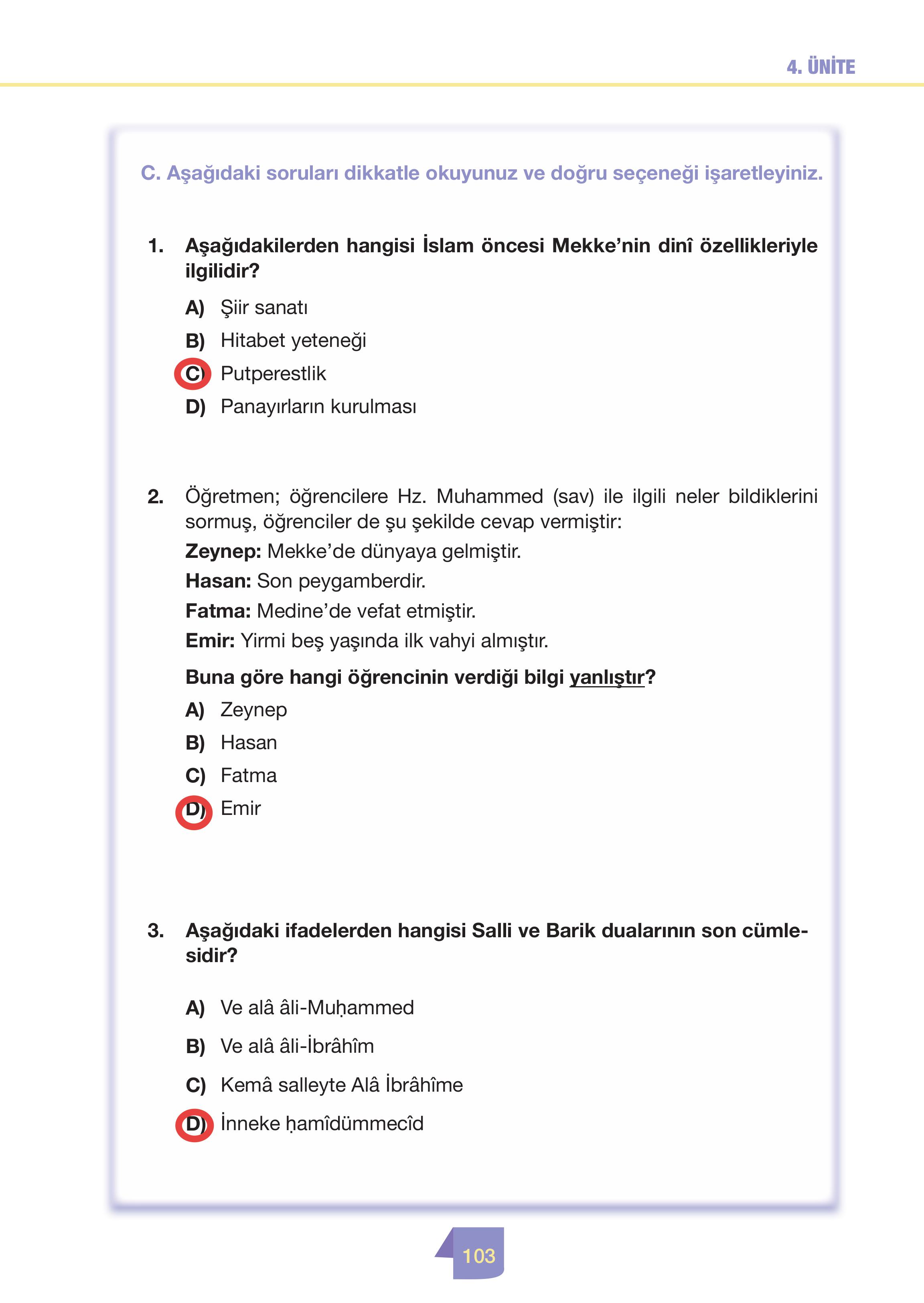 4. Sınıf Meb Yayınları Din Kültürü Ve Ahlak Bilgisi Ders Kitabı Sayfa 103 Cevapları