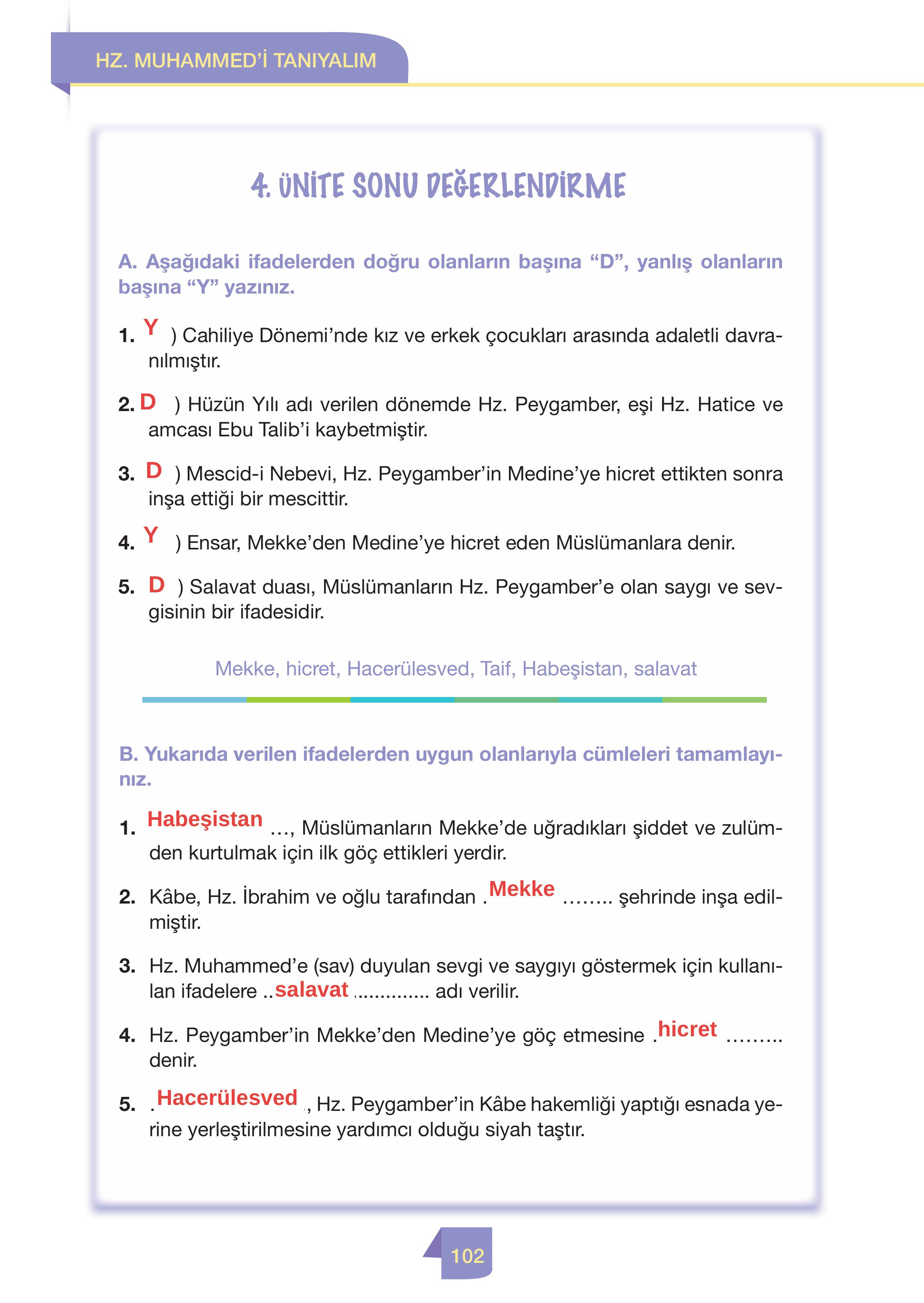 4. Sınıf Meb Yayınları Din Kültürü Ve Ahlak Bilgisi Ders Kitabı Sayfa 102 Cevapları