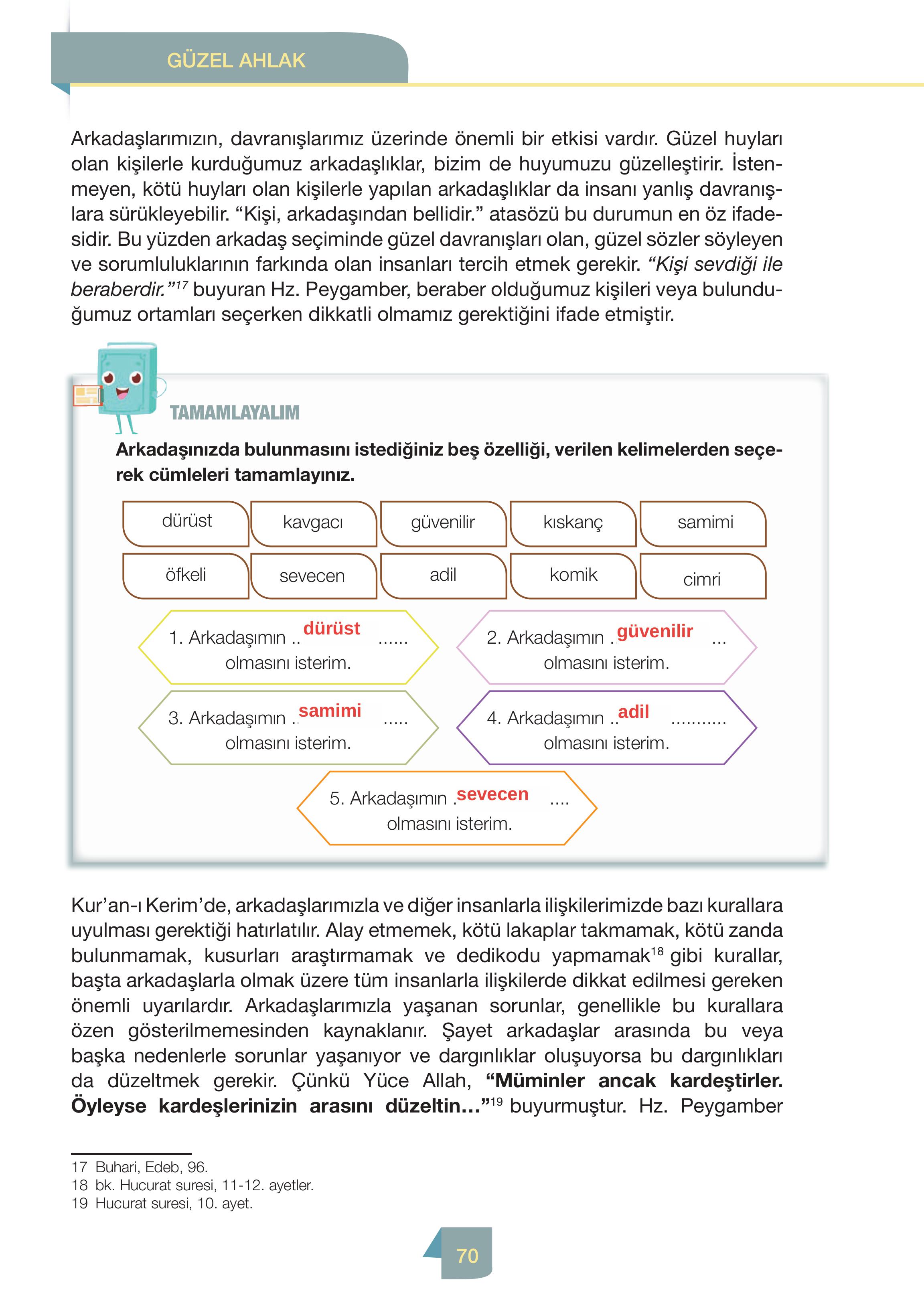 4. Sınıf Meb Yayınları Din Kültürü Ve Ahlak Bilgisi Ders Kitabı Sayfa 70 Cevapları