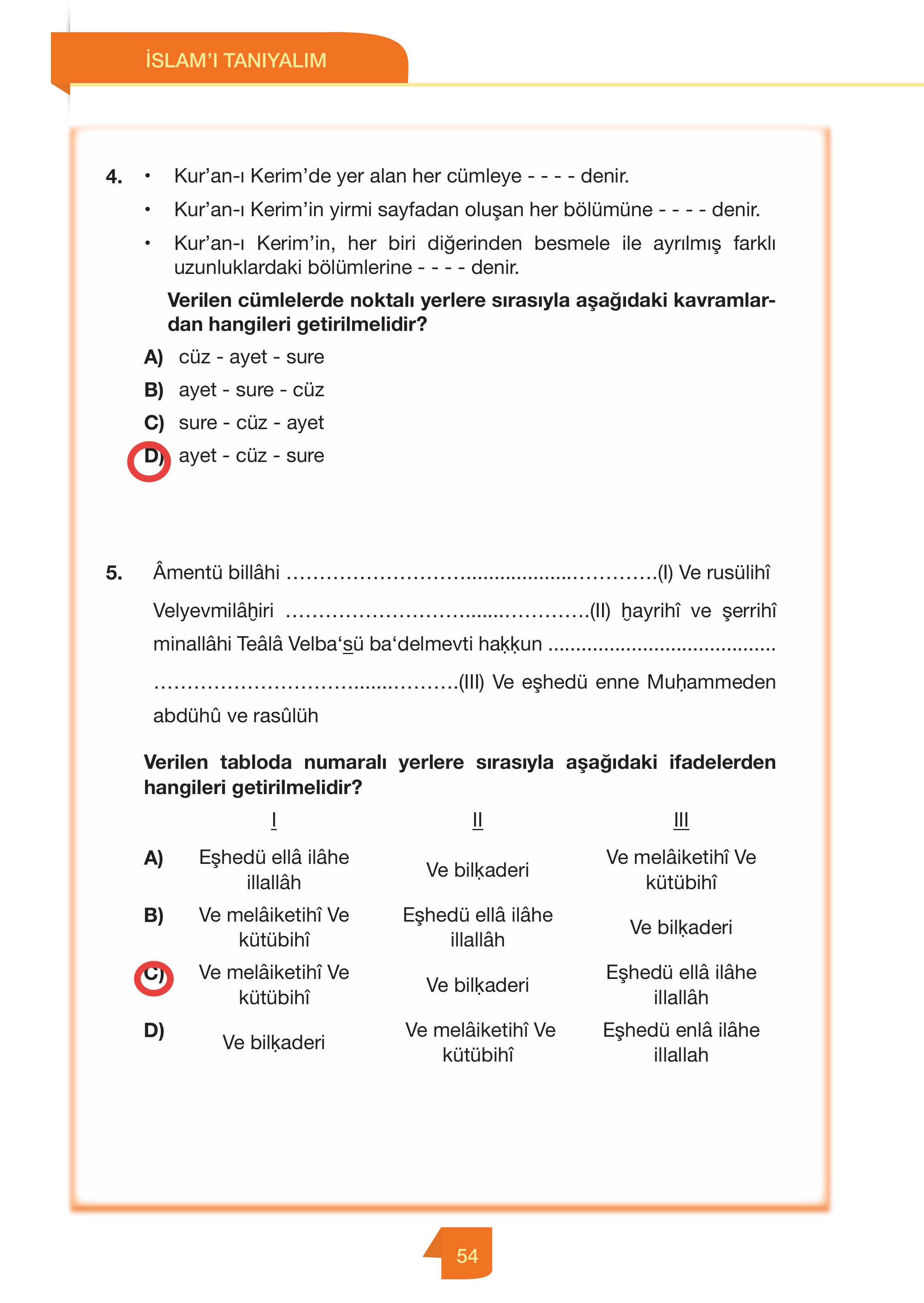 4. Sınıf Meb Yayınları Din Kültürü Ve Ahlak Bilgisi Ders Kitabı Sayfa 54 Cevapları