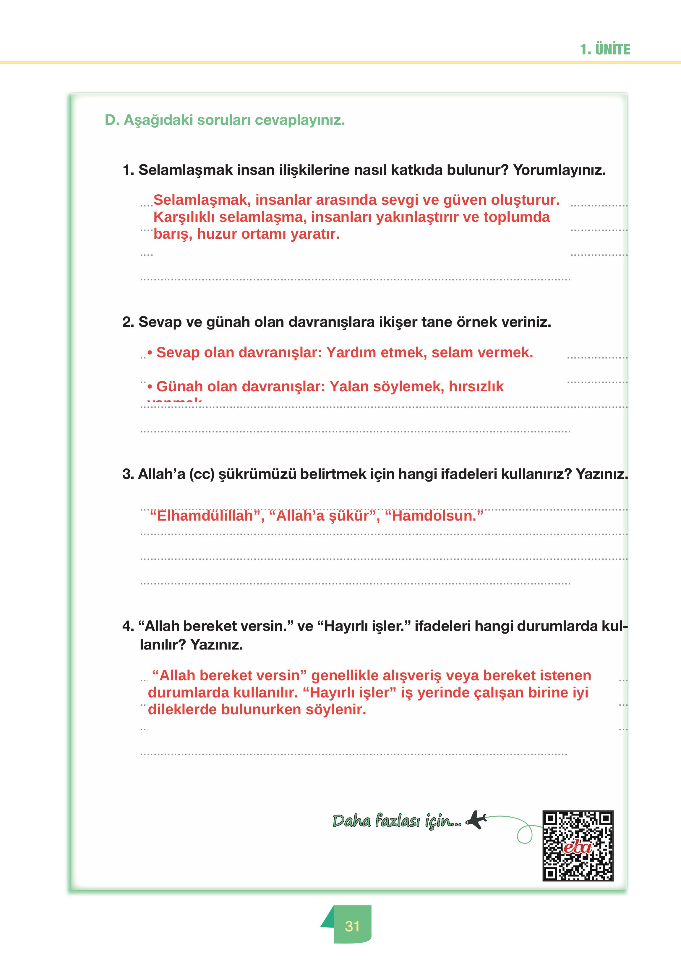 4. Sınıf Meb Yayınları Din Kültürü Ve Ahlak Bilgisi Ders Kitabı Sayfa 31 Cevapları