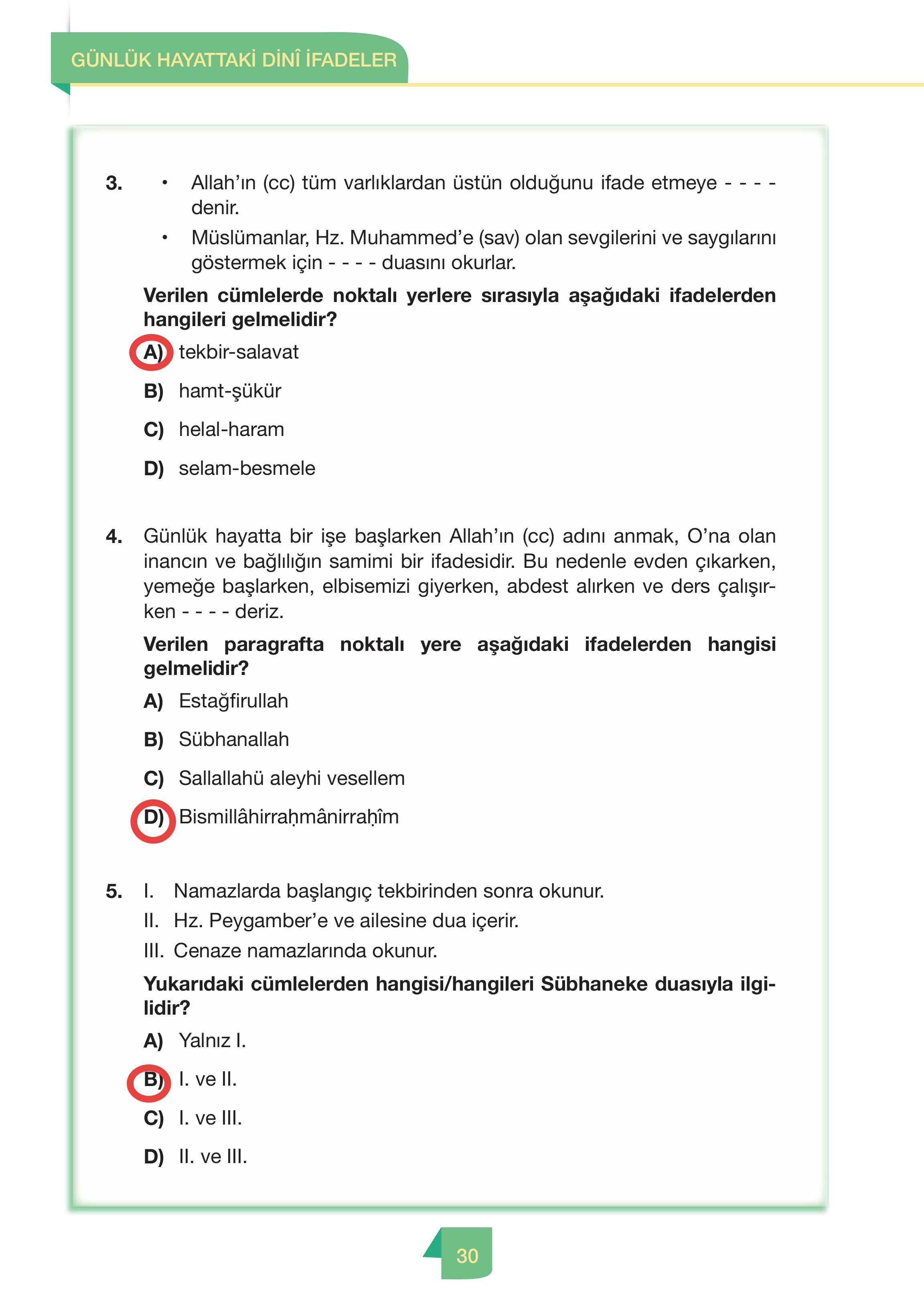 4. Sınıf Meb Yayınları Din Kültürü Ve Ahlak Bilgisi Ders Kitabı Sayfa 30 Cevapları