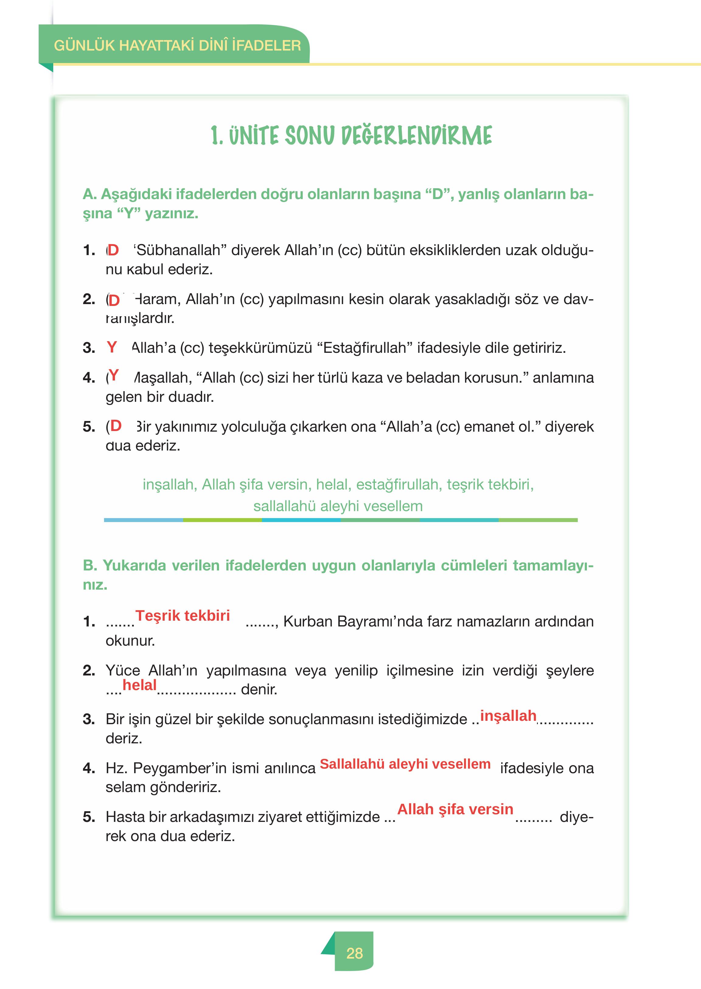 4. Sınıf Meb Yayınları Din Kültürü Ve Ahlak Bilgisi Ders Kitabı Sayfa 28 Cevapları