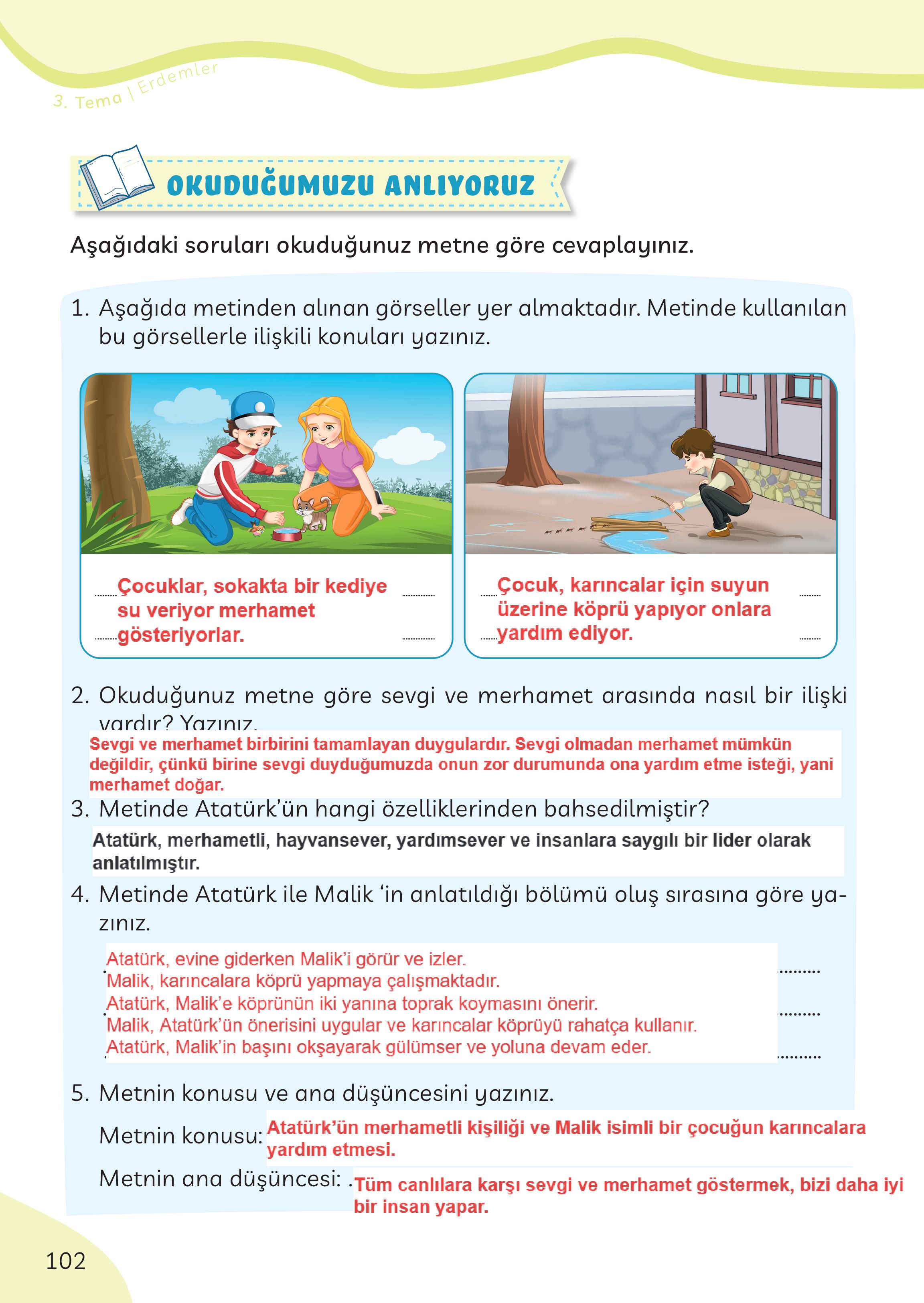 3. Sınıf Meb Yayınları Türkçe Ders Kitabı Sayfa 102 Cevapları