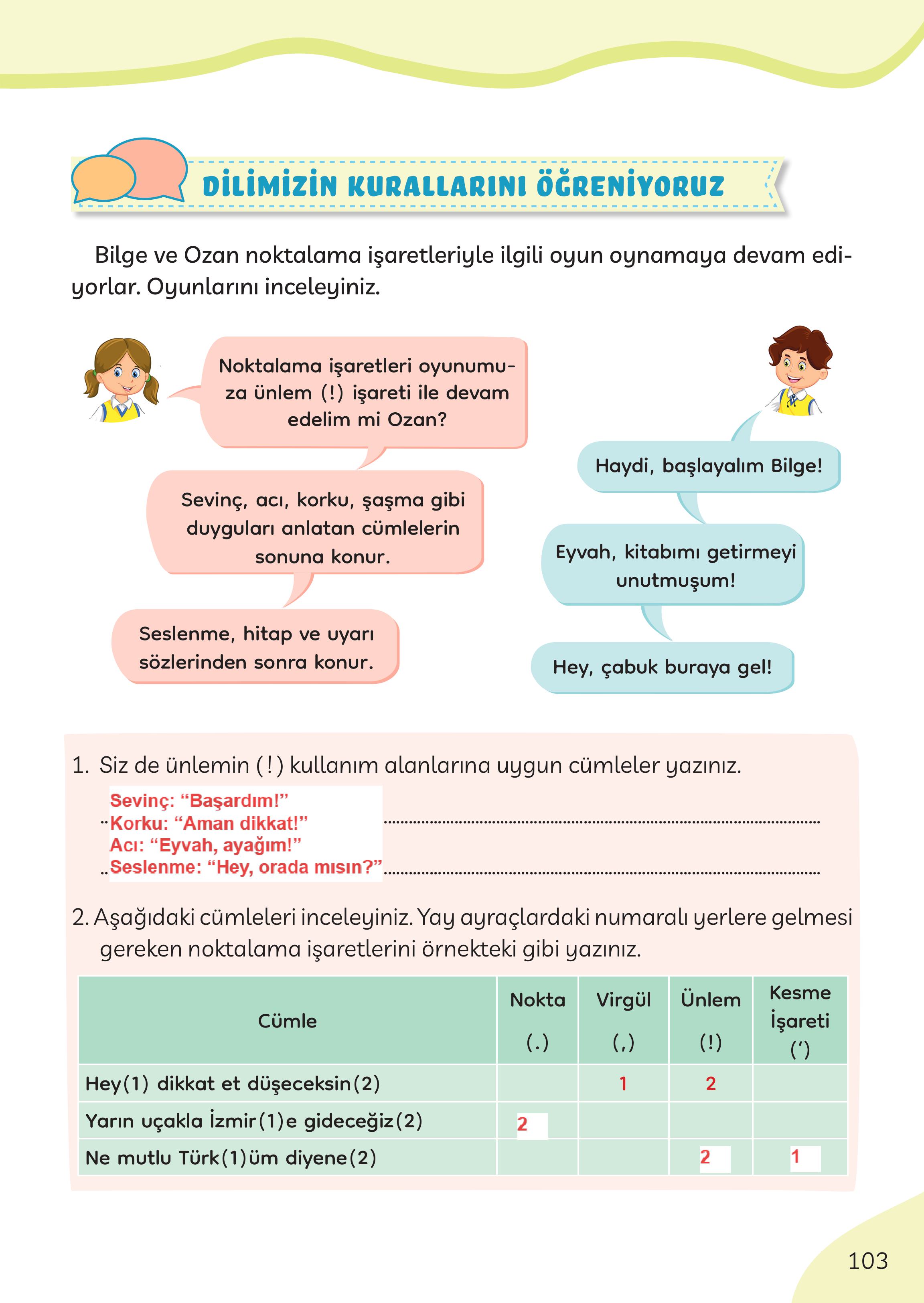 3. Sınıf Meb Yayınları Türkçe Ders Kitabı Sayfa 103 Cevapları