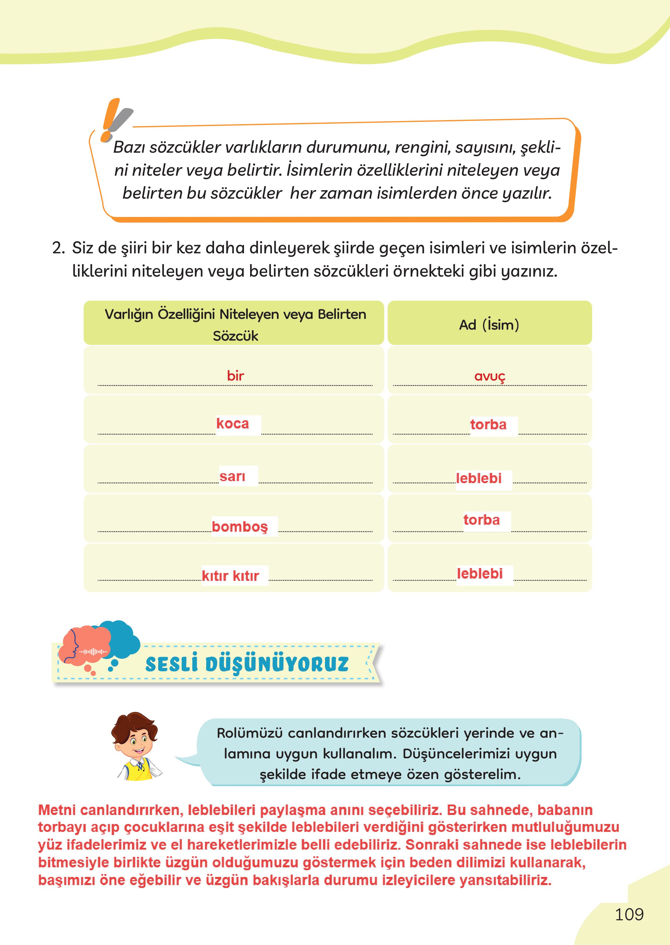 3. Sınıf Meb Yayınları Türkçe Ders Kitabı Sayfa 109 Cevapları