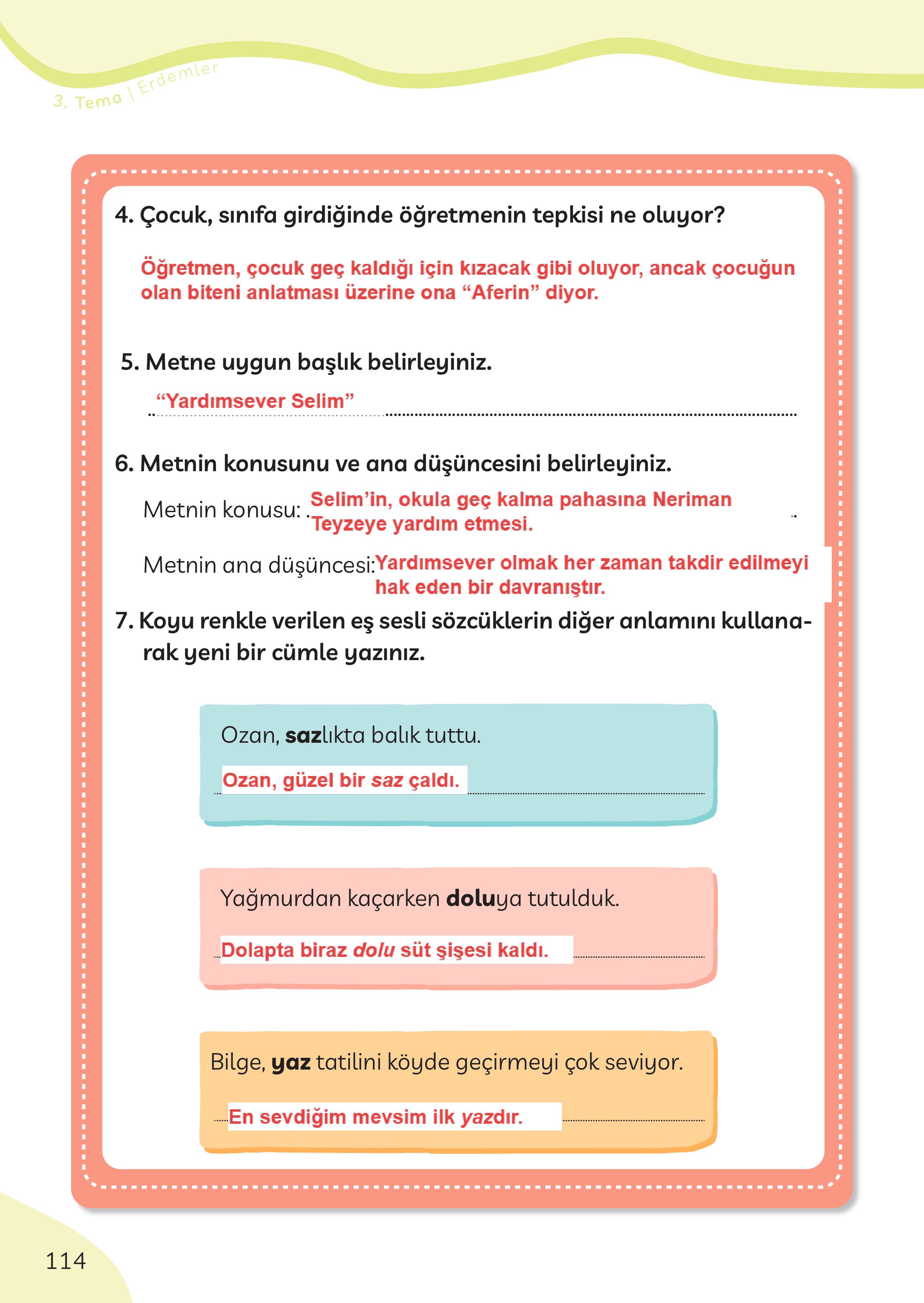 3. Sınıf Meb Yayınları Türkçe Ders Kitabı Sayfa 114 Cevapları